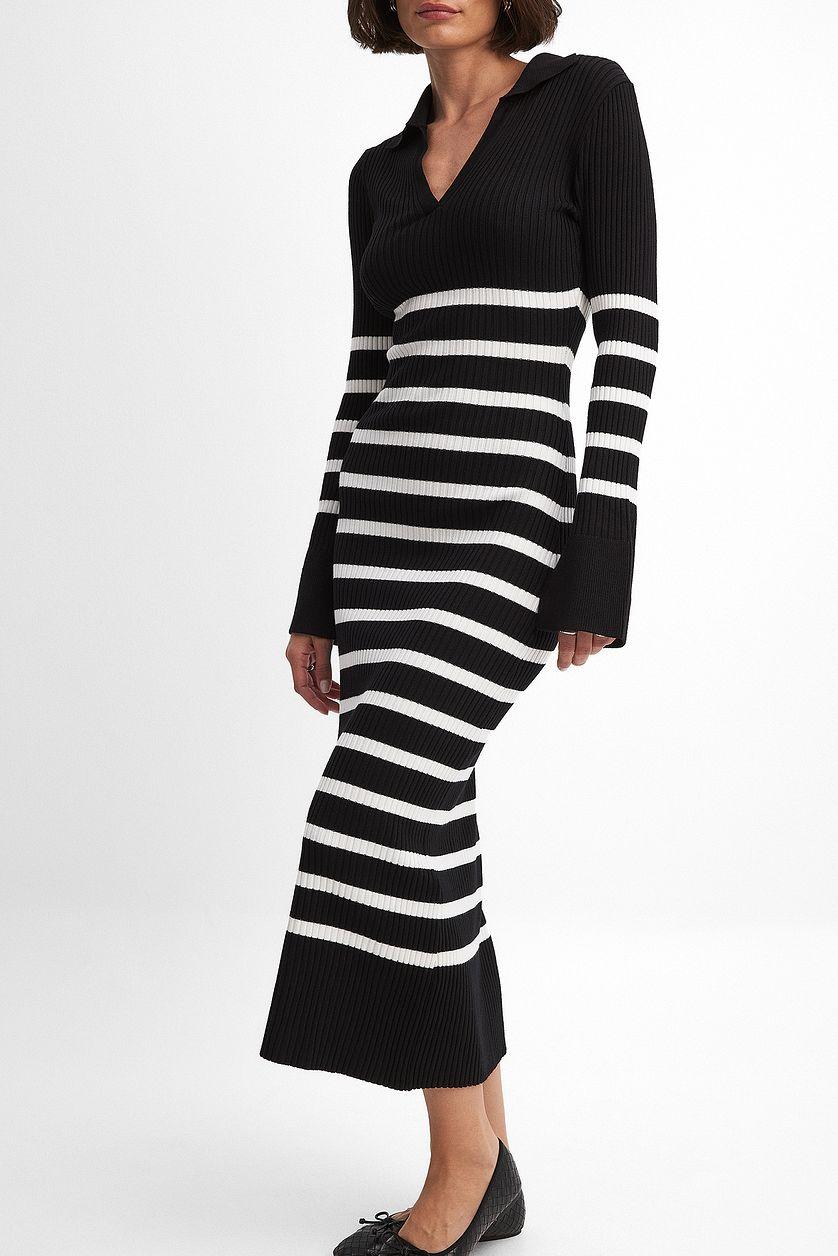 Striped Rib Knitted Trumpet Sleeve Dress Product Image