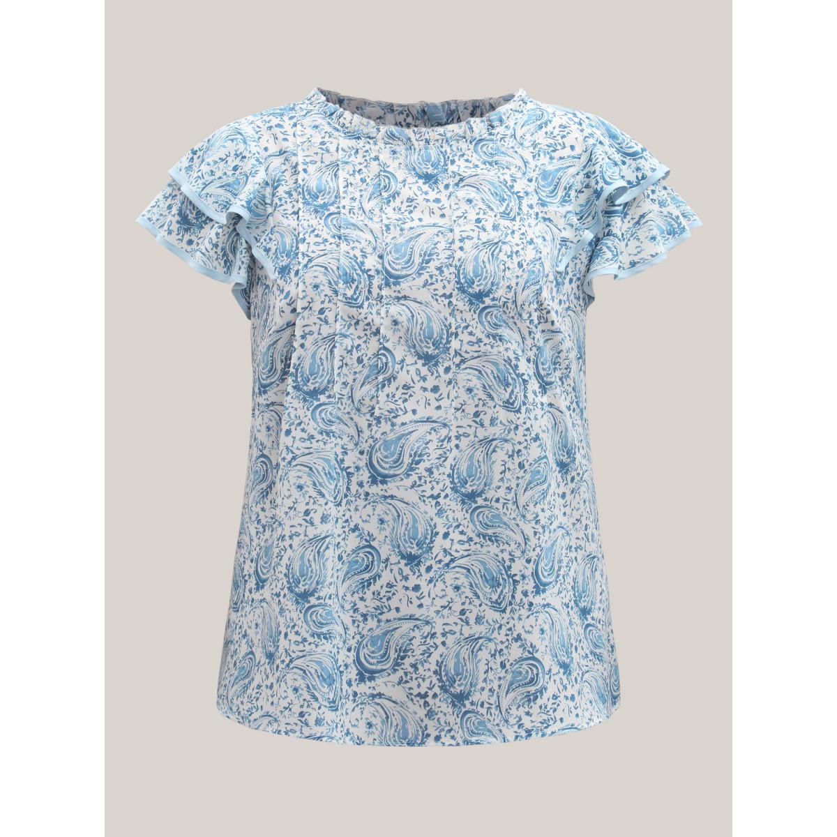 Plus Size LightBlue Paisley Print Ruffled Layered Sleeve Blouse Women Boho Cap Sleeve Round Neck Vacation Blouses BloomChic 22-24/3X Product Image