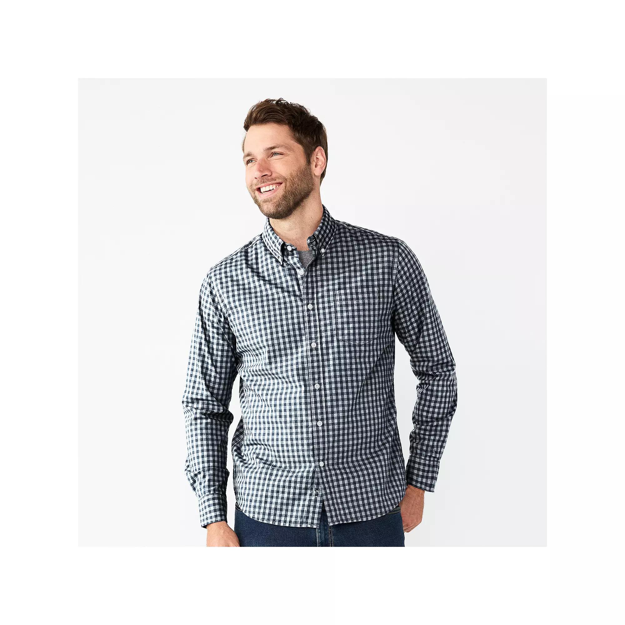 Men's Sonoma Goods For Life® Long Sleeve Perfect Length Button-Down Shirt, Size: Medium, Blue Gingham Product Image