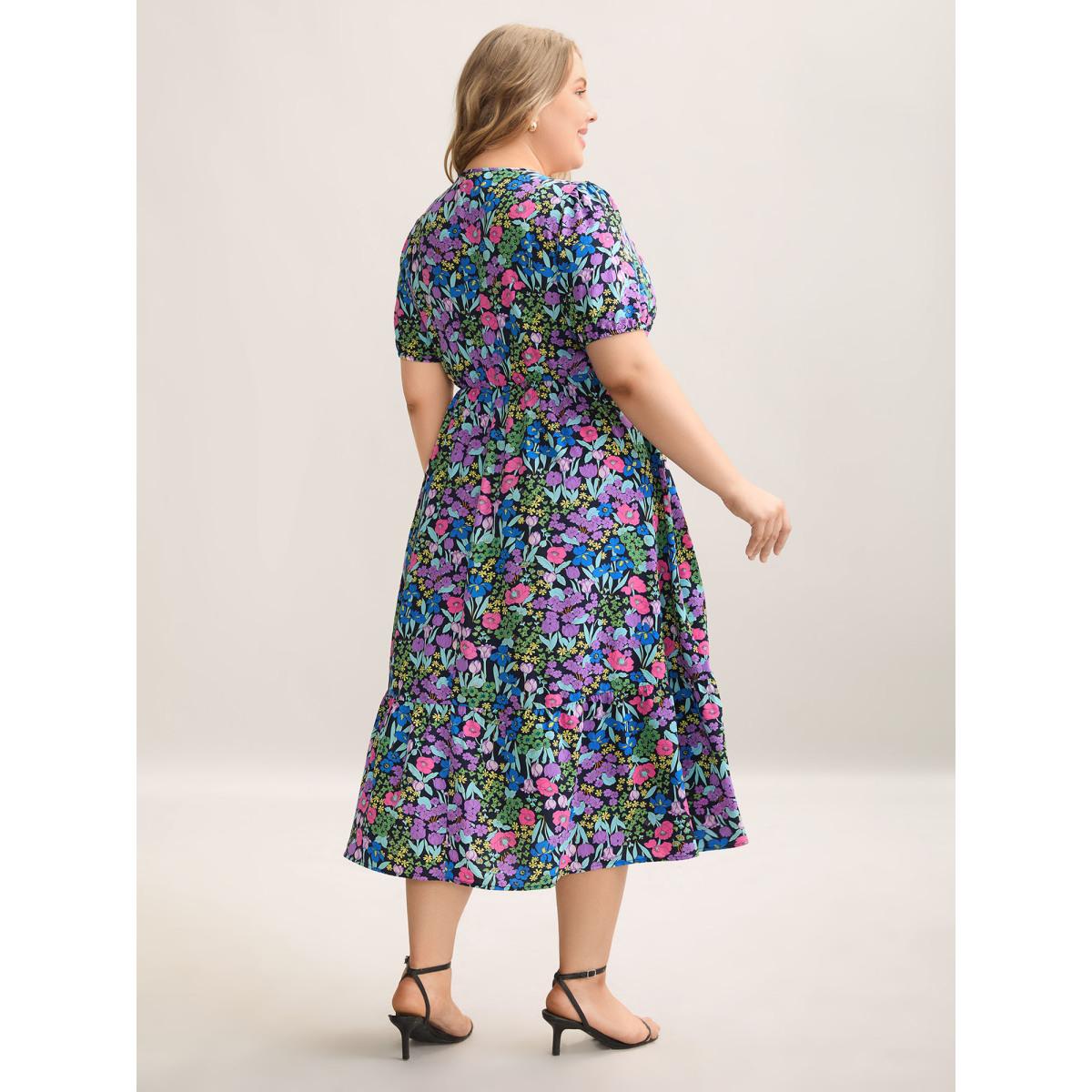 Plus Size Floral Contrast Webbing Neck Tie Midi Dress BlackFlower Women Elegant Woven ribbon&lace trim Flat collar with V-notch Short sleeve Curvy BloomChic 18-20/2X Product Image
