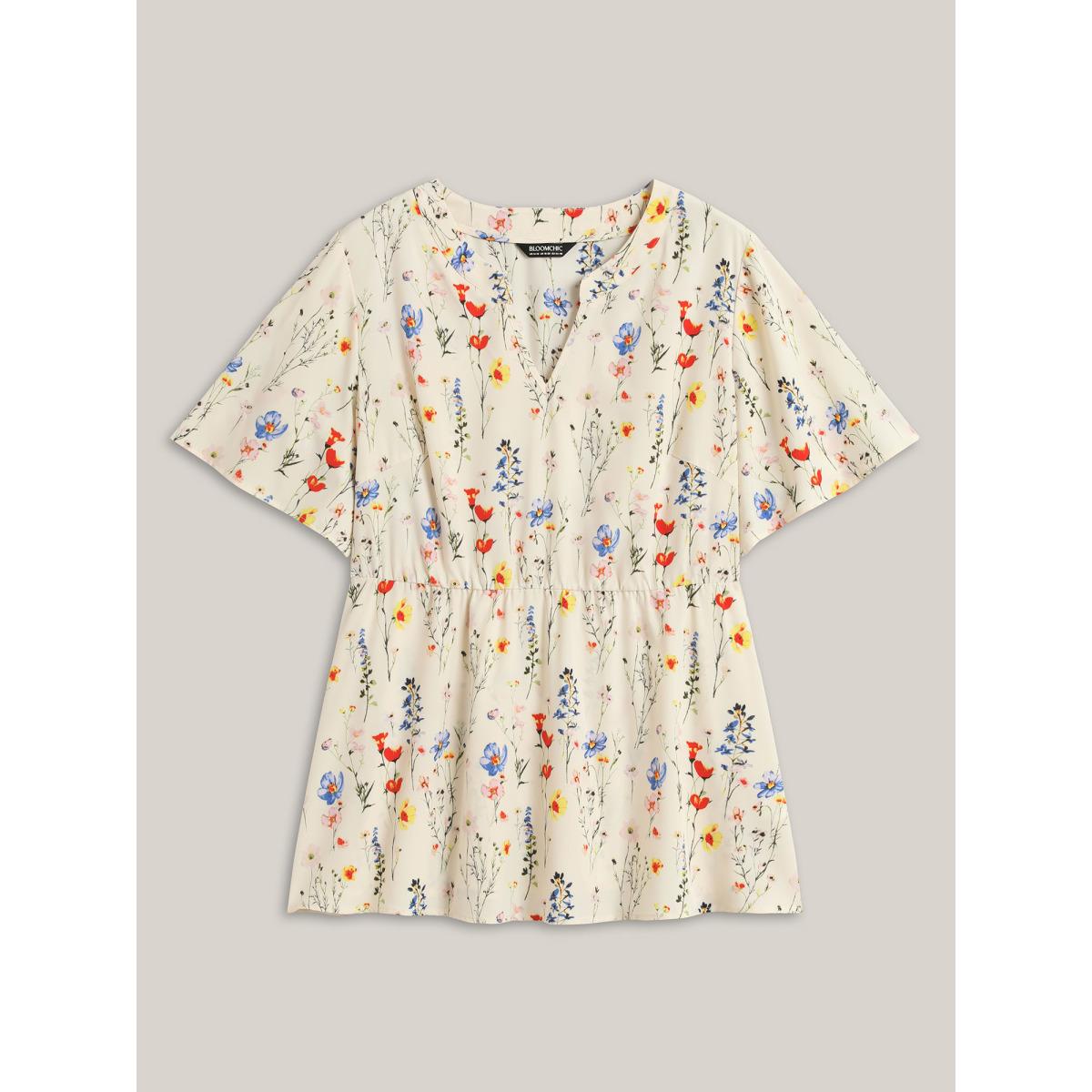 Plus Size Beige Branch Floral Print Notched Collar Blouse Women Timeless Short sleeve Notched collar Elegant Blouses BloomChic 10/M Product Image