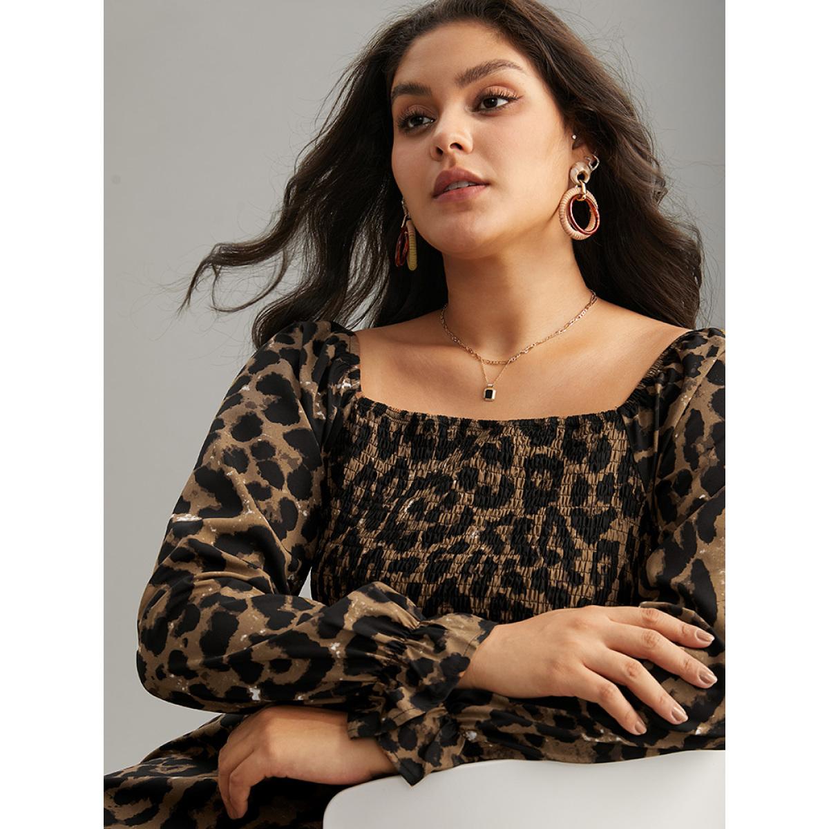 Plus Size Square Neck Leopard Shirred Ruffles Dress Leopard Women Elegant Gathered Square Neck Long Sleeve Curvy Knee Dress BloomChic 26/4X Product Image