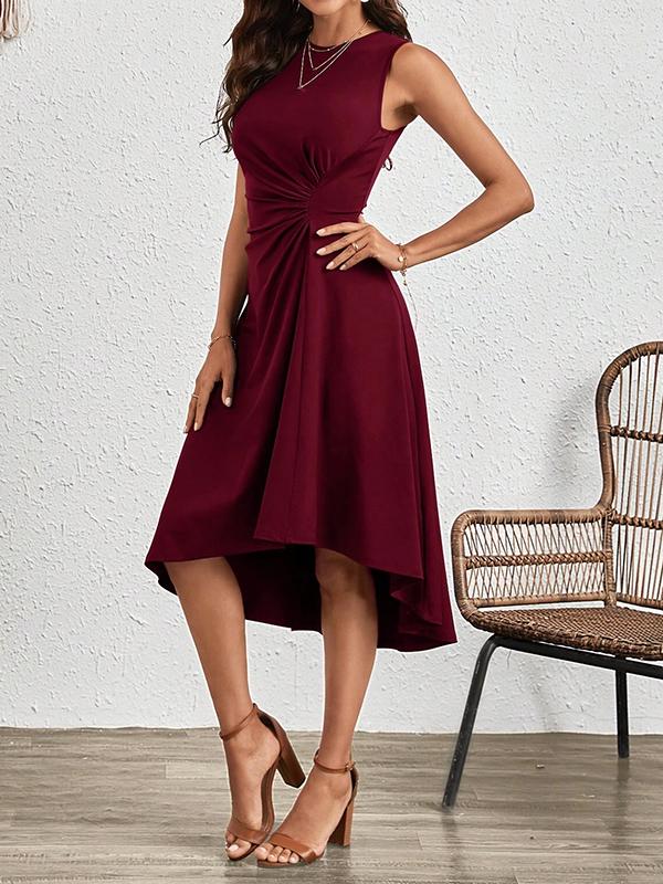 A-Line High Waisted Asymmetric Pleated Solid Color Split-Joint Round-Neck Midi Dresses Product Image