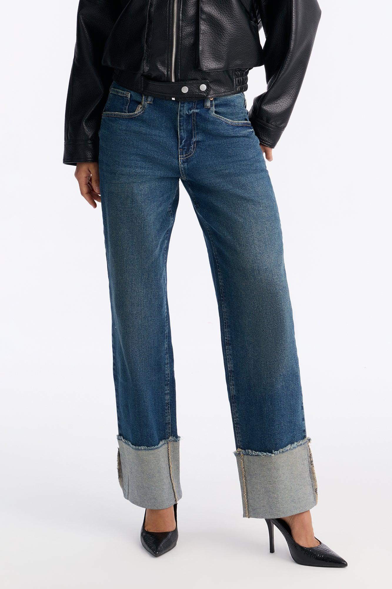 More To Come Cuffed Wide Leg Jeans - Dark Wash Female Product Image