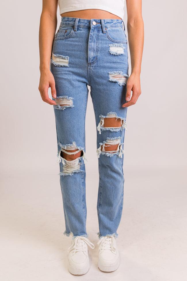 Megan Light Wash Distressed Straight Leg Mom Jeans FINAL SALE Product Image