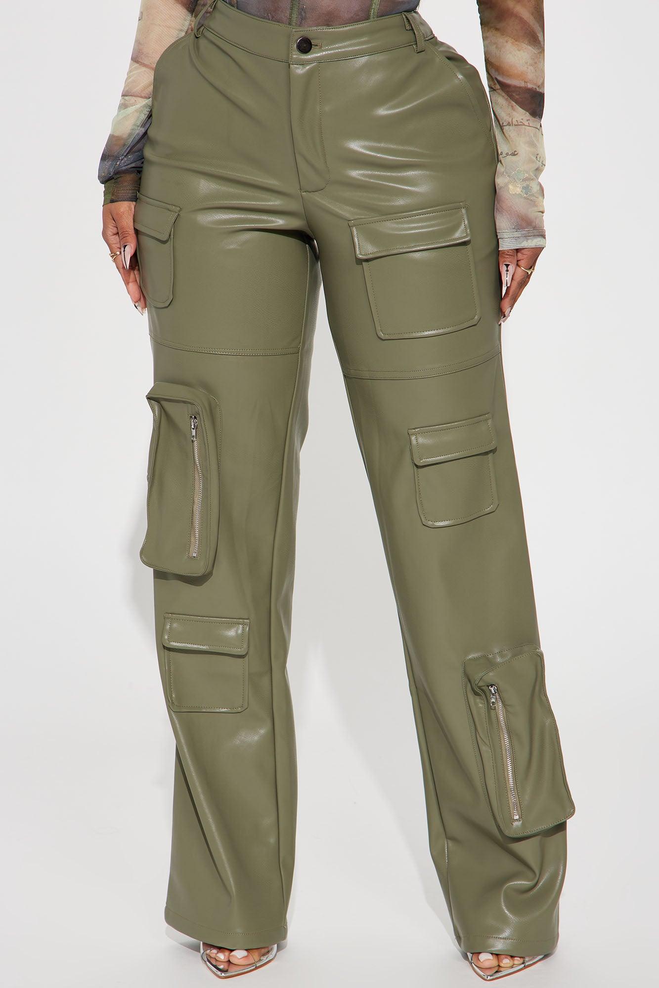 Never Too Late Faux Leather Cargo Pant - Olive Product Image