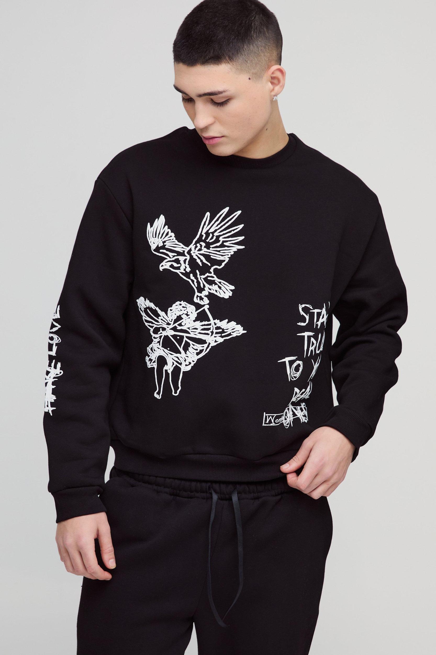 Oversized Boxy Graffiti Slogan Sweatshirt Tracksuit | boohooMAN USA Product Image