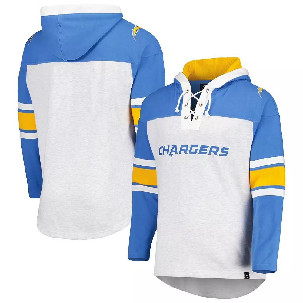 Men's '47 Los Angeles Chargers Heather Gray Gridiron Lace-Up Pullover Hoodie, Size: Medium, Grey Product Image