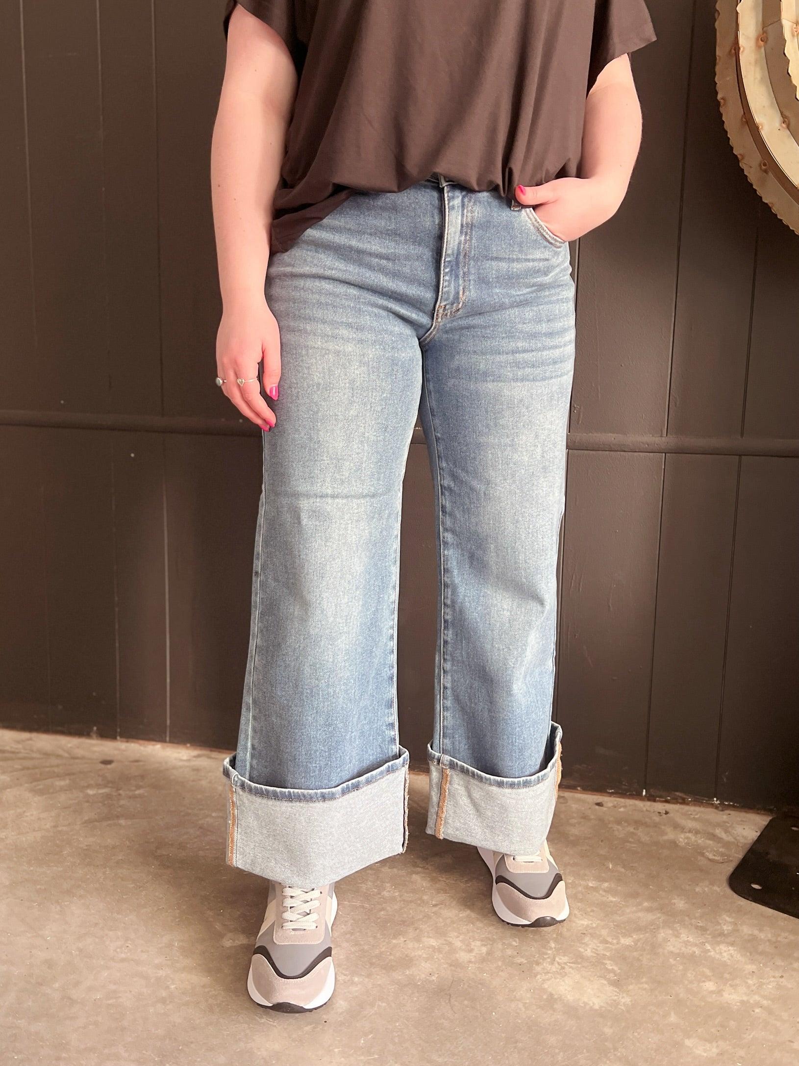Dual Wear Wide Leg Cuffed Denim Jeans Product Image