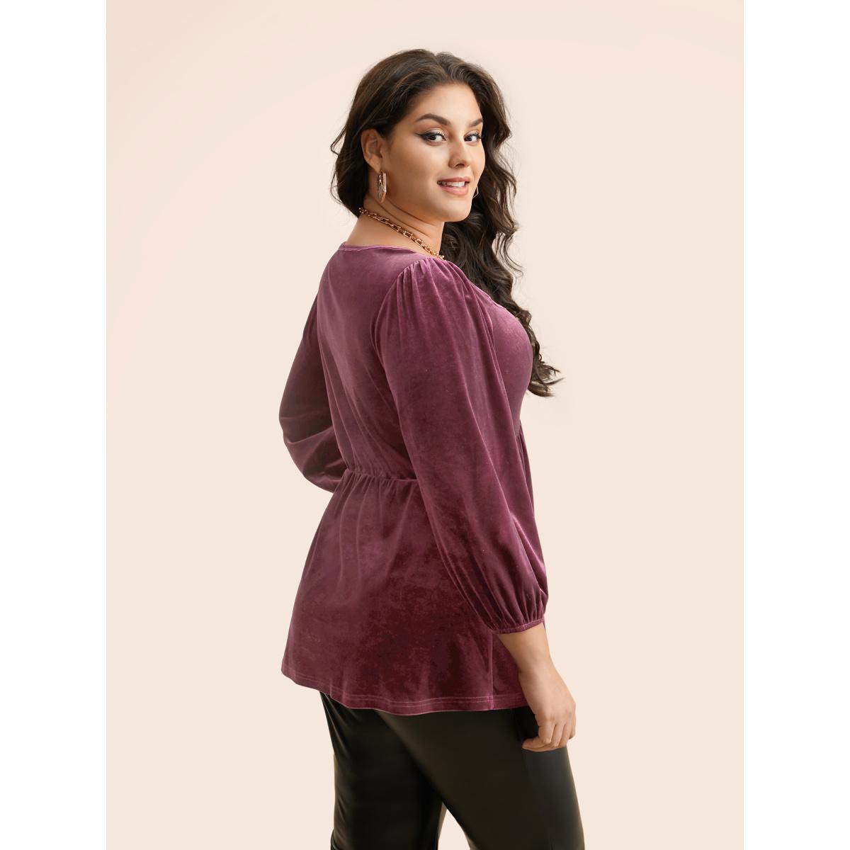 Plus Size Mauve Velvet Heart Neckline Gathered Blouse Women Timeless Three Quarter Length Sleeve Heart neckline Elegant Blouses BloomChic 10/M Product Image