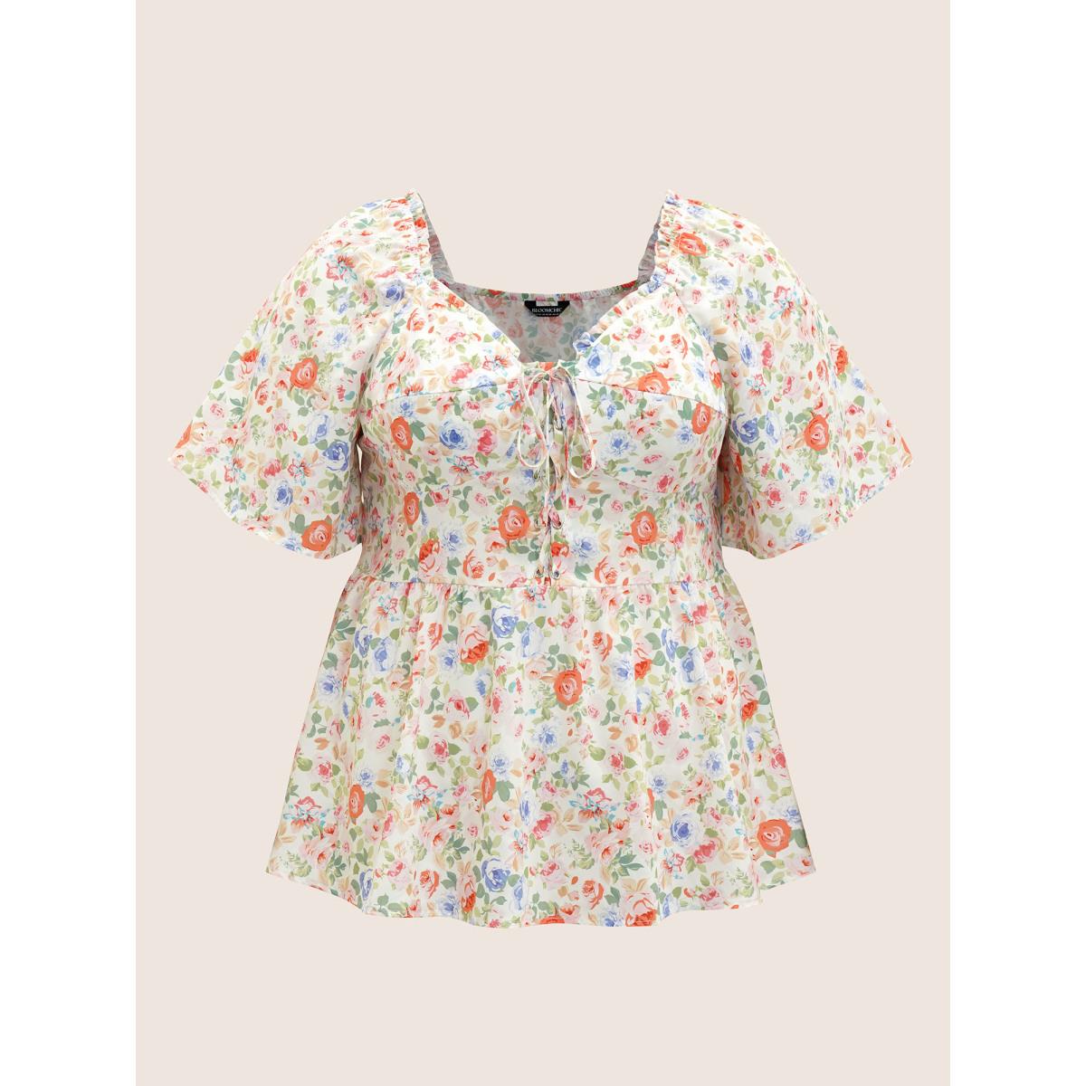Plus Size Multicolor Heart Neckline Floral Frill Trim Blouse Women Elegant Short sleeve Heart neckline Everyday Blouses BloomChic 14-16/1X Product Image