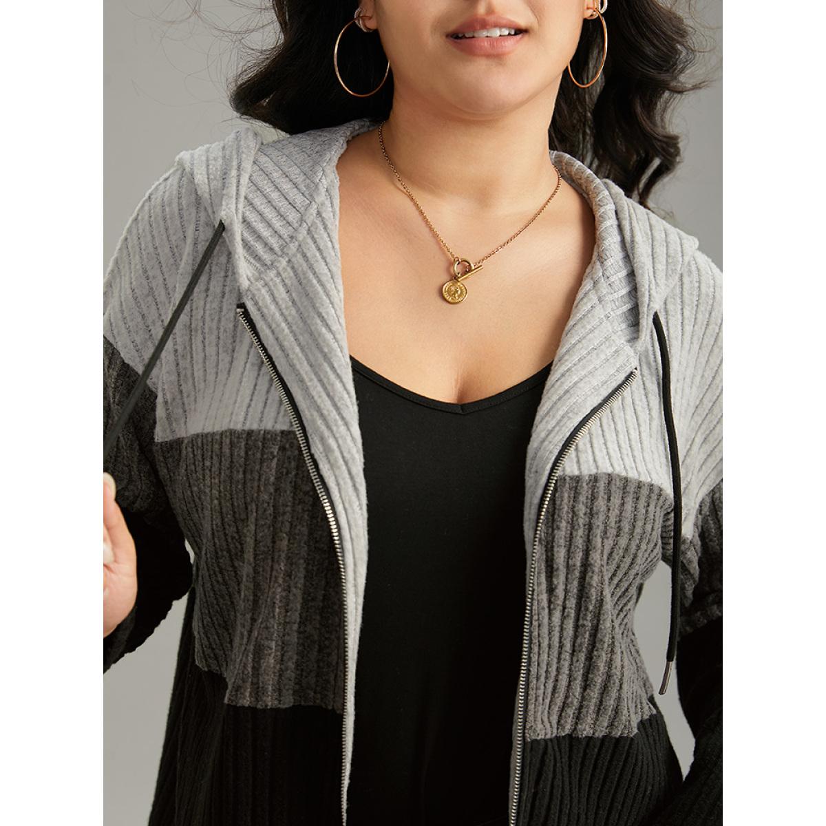 Plus Size Colorblock Contrast O Ring Zipper Jacket Women Gray Contrast Dailywear Jackets BloomChic 12/L Product Image