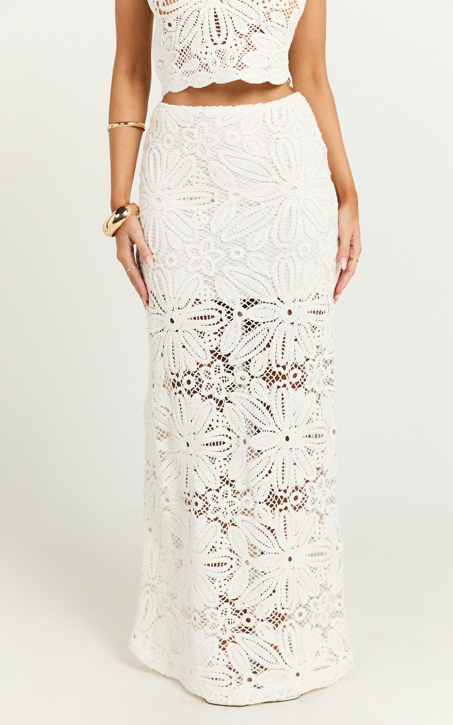 Charlene Maxi Skirt - Crochet Fit And Flare Skirt in White Product Image