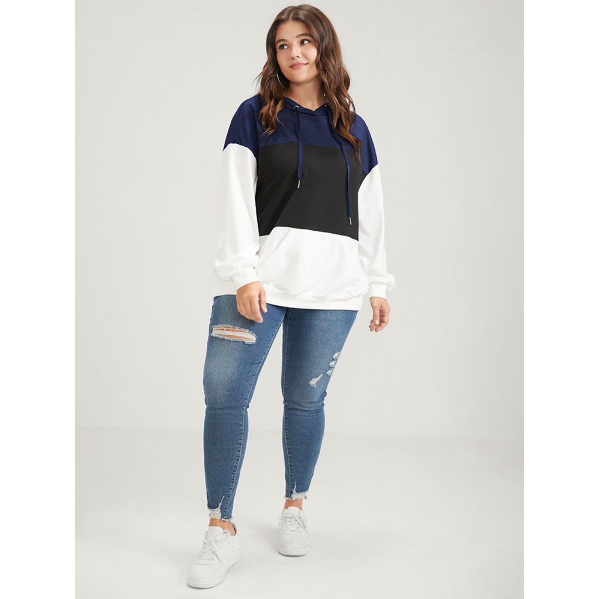 Plus Size Colorblock Contrast Drawstring Pocket Hooded Drop Shoulder Sweatshirt Women DarkBlue Casual Contrast Hooded Dailywear Sweatshirts BloomChic 12/L Product Image