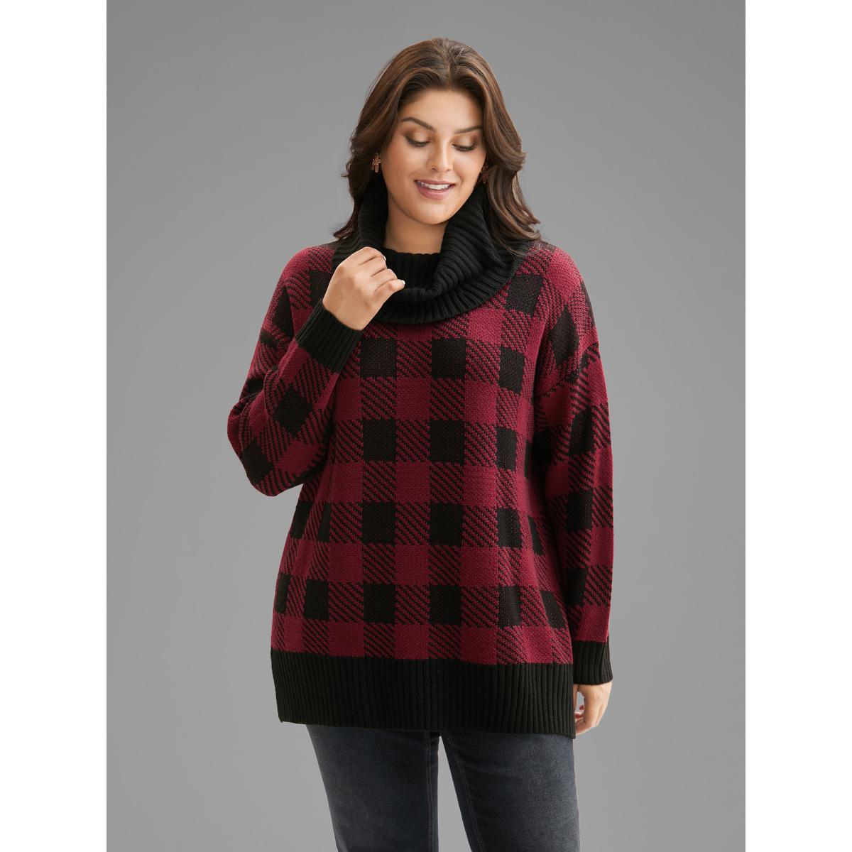 Plus Size Turtleneck Plaid Pattern Straight Fit Pullover Scarlet Women Casual Loose Long Sleeve Turtleneck Everyday Pullovers BloomChic 12/L Product Image