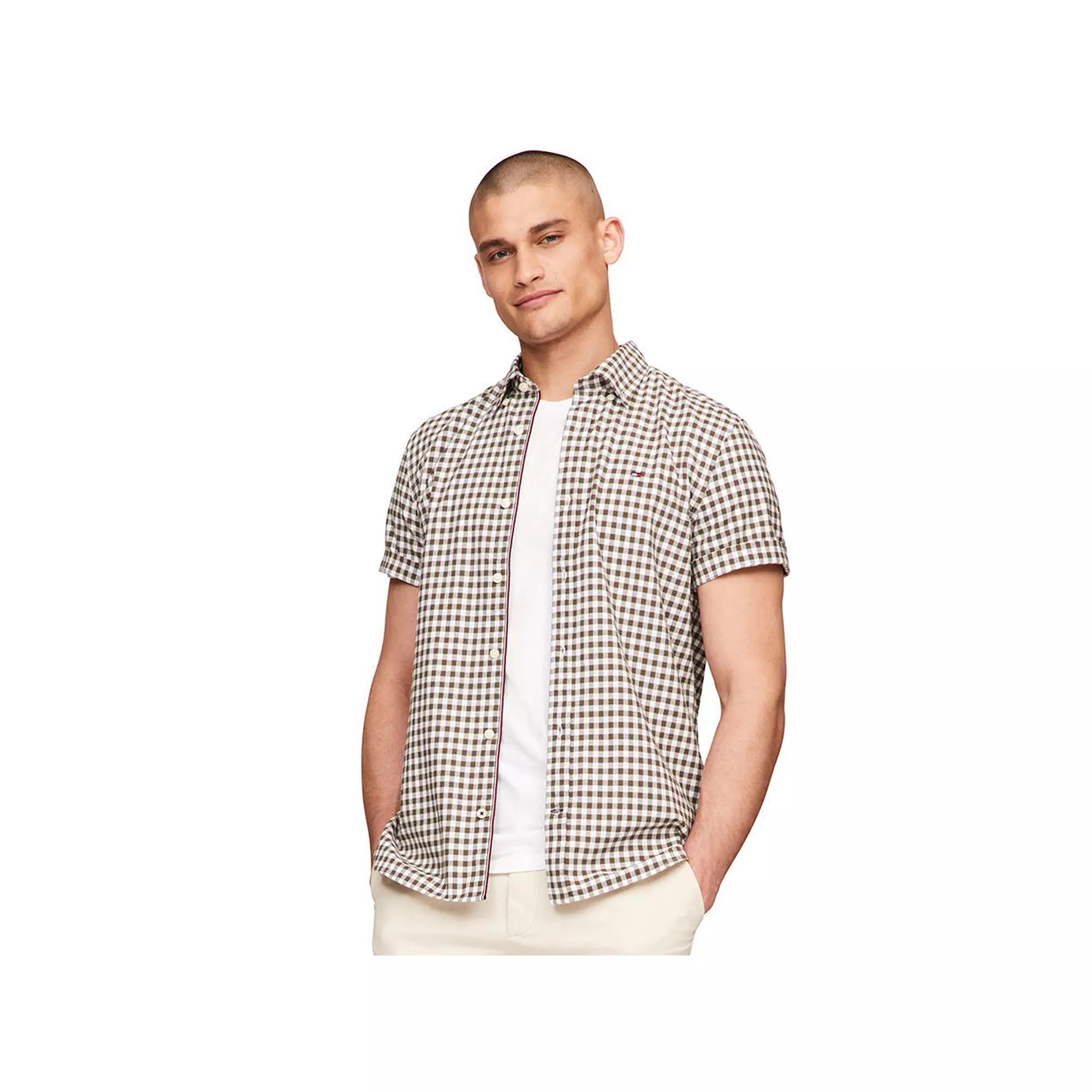 Men's Tommy Hilfiger Stretch Oxford Short Sleeve Shirt, Size: Small, Green Check Product Image