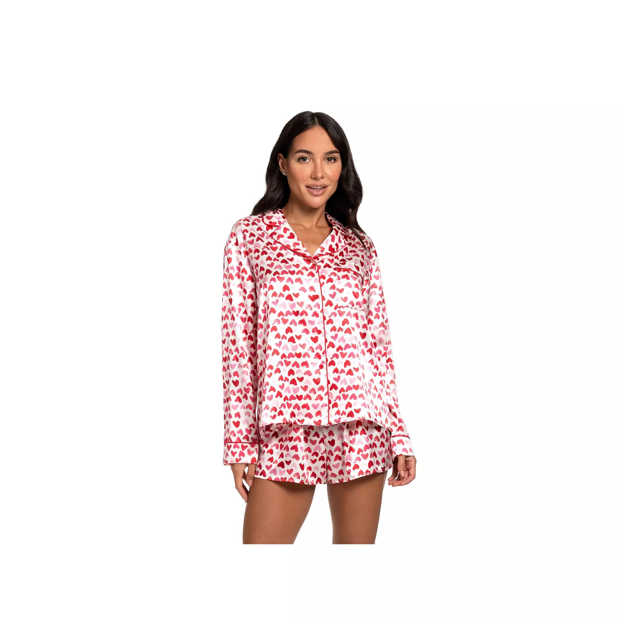 Women's Lilac+London 2-Piece Allover Hearts Print Pajama Top & Pajama Shorts Set, Size: Medium, Pink Hearts Product Image