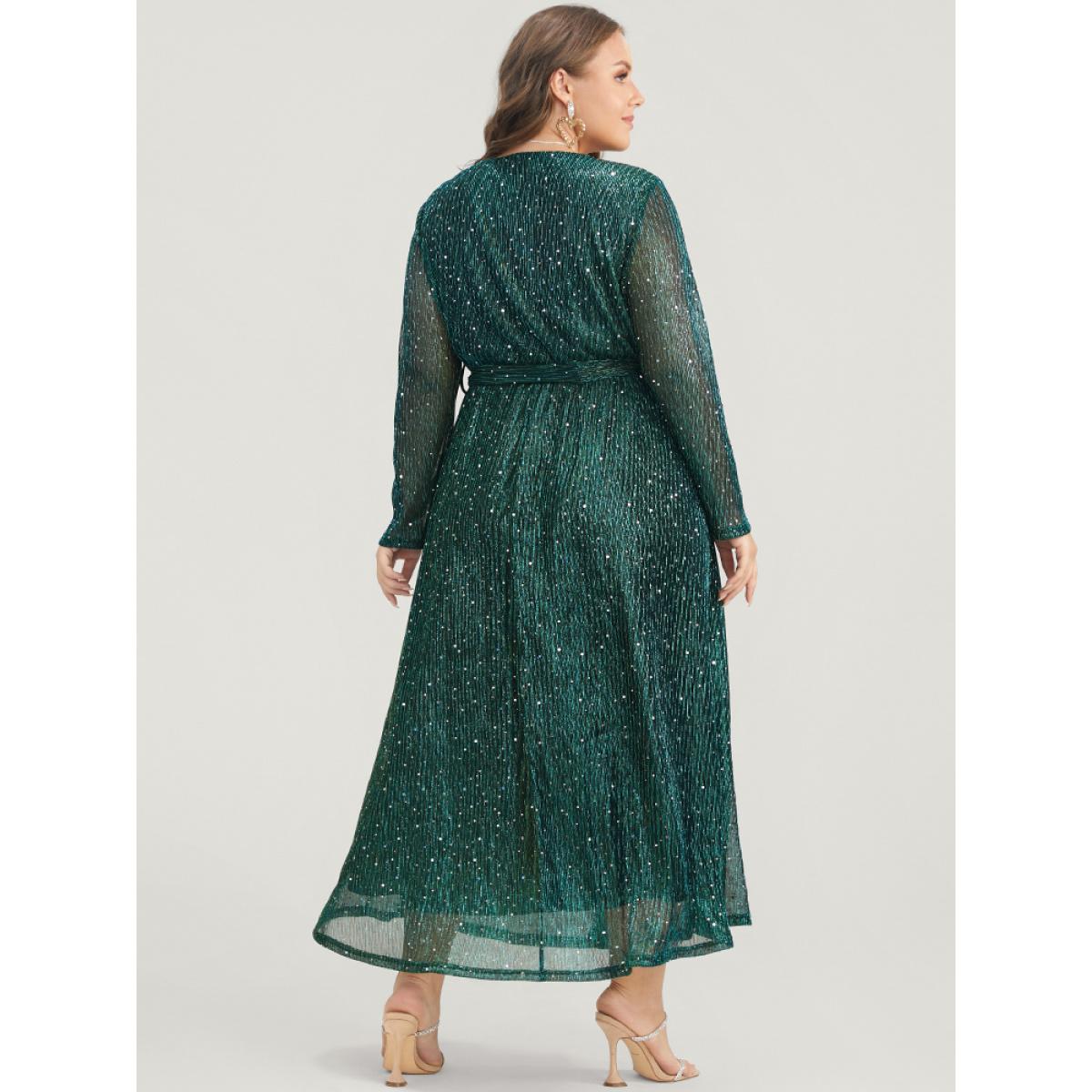 Plus Size Solid Pocket Wrap Belted Sequin Mesh Maxi Dress DarkGreen Women Cocktail Belted V-neck Long Sleeve Curvy Long Dress BloomChic 18-20/2X Product Image