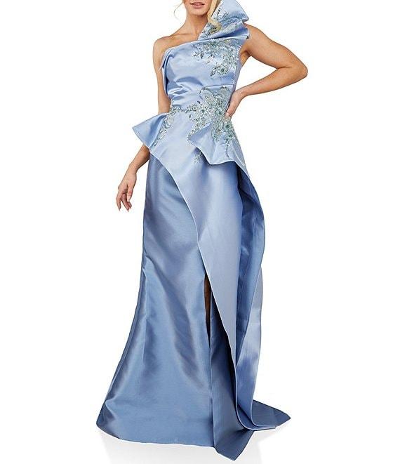 Terani Couture Asymmetrical Neck Two Tone Mikado Peplum Mermaid Gown Product Image
