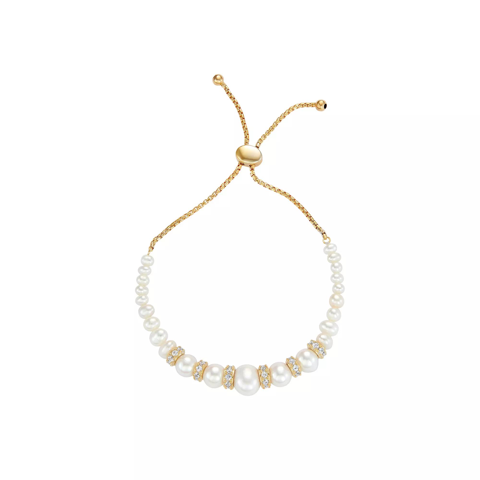 18k Gold Over Sterling Silver Freshwater Cultured Pearl & Lab-Created White Sapphire Bolo Bracelet, Women's, Size: 9", Gold Tone Product Image