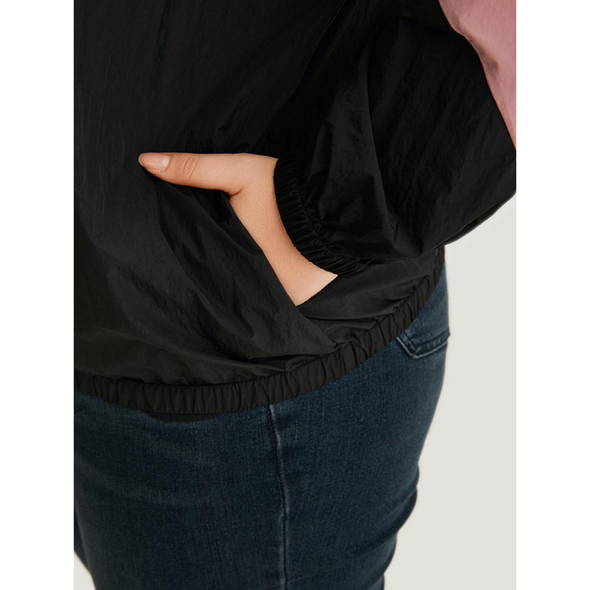Plus Size Colorblock Contrast Zipper Pocket Hooded Jacket Women Black Elastic cuffs Pocket Dailywear Jackets BloomChic 22-24/3X Product Image