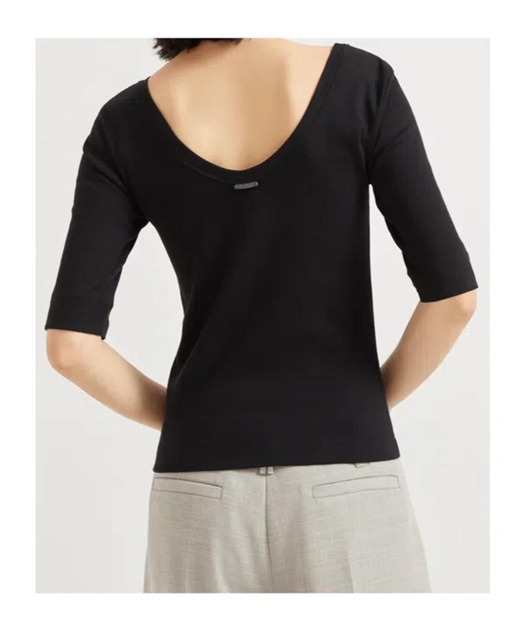 BRUNELLO CUCINELLI Ribbed Scoop Neck Short Sleeve Top In Black Product Image