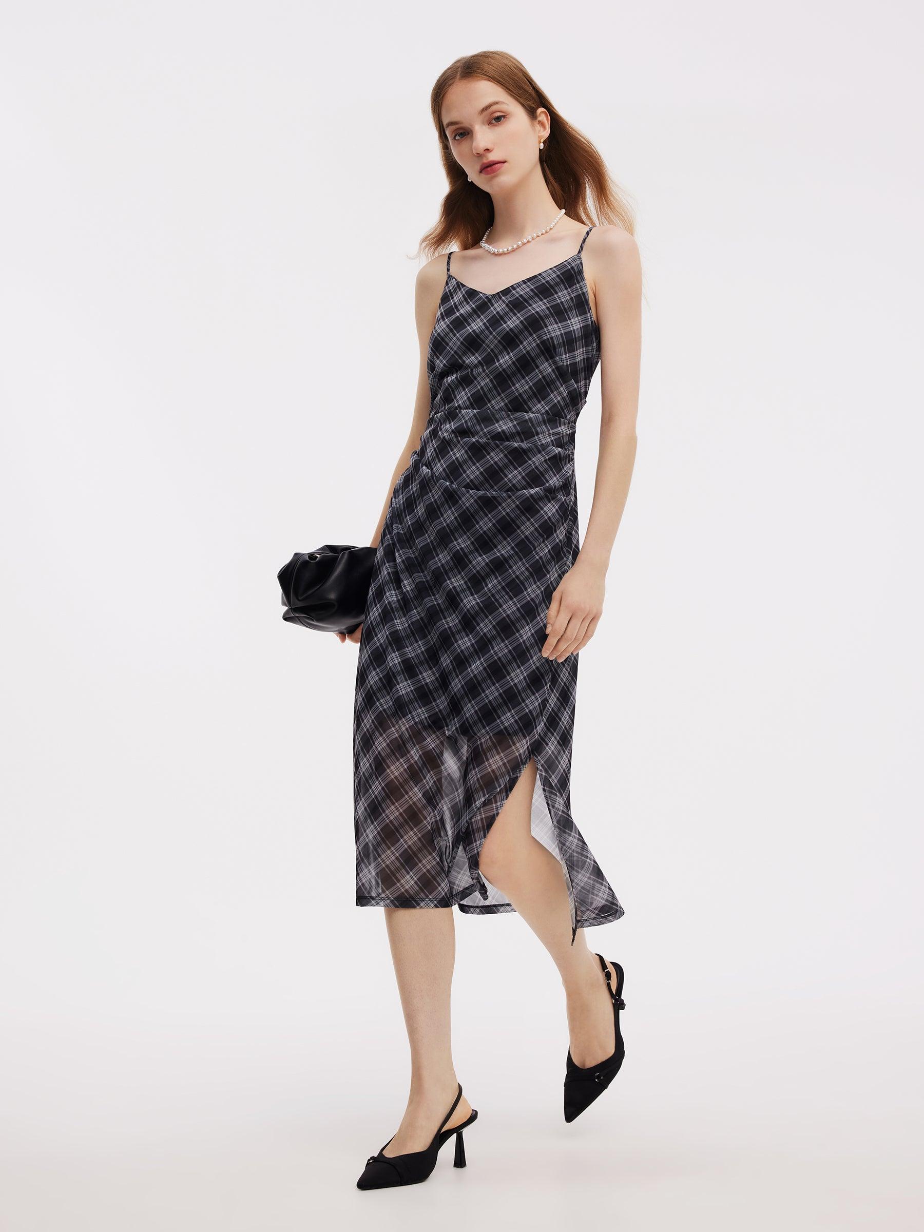 Plaid Adjustable Straps Slip Midi Dress And Cardigan Two-Piece Set Product Image