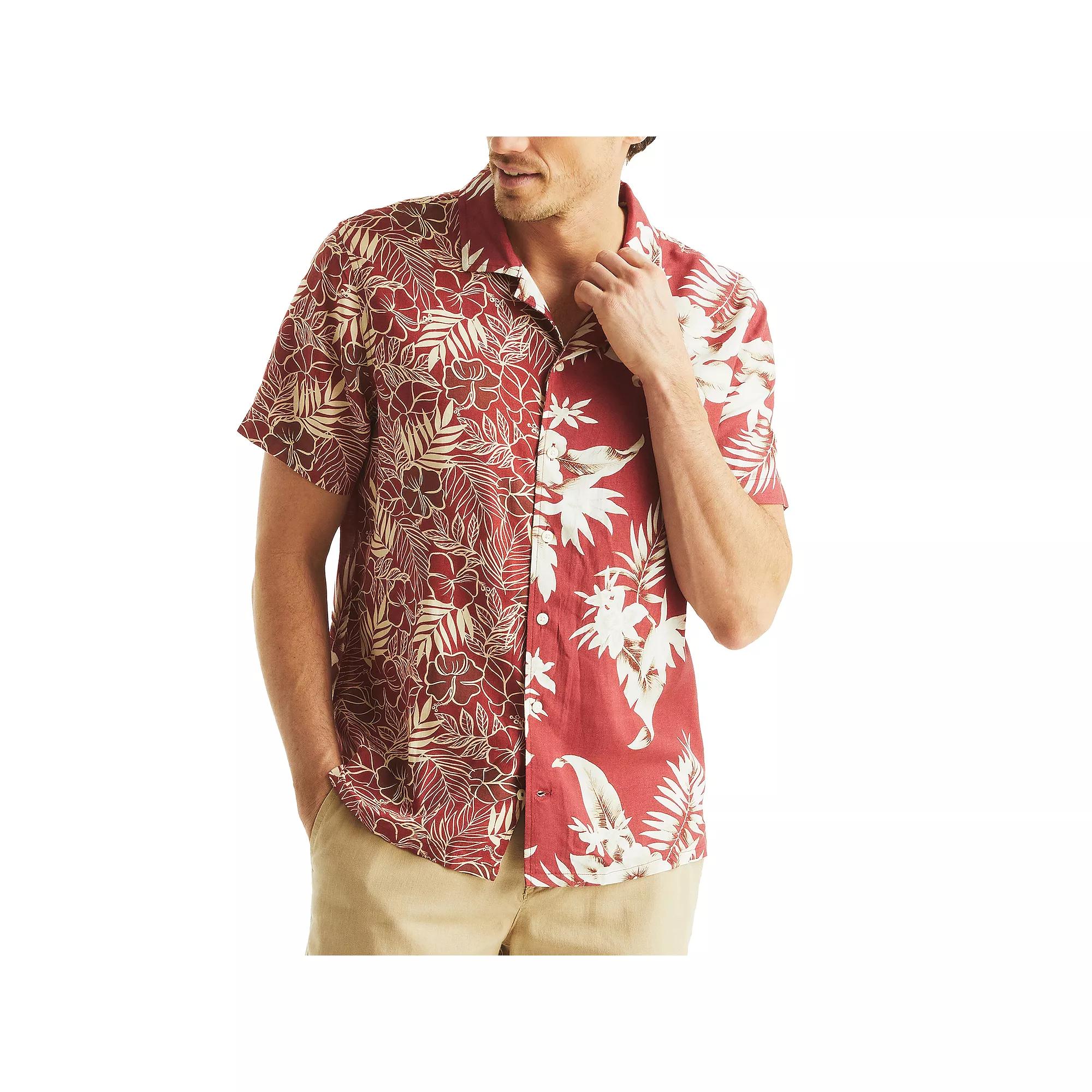 Men's Nautica Short Sleeve Printed Linen Button-Down Camp Shirt, Size: Medium, Red Product Image