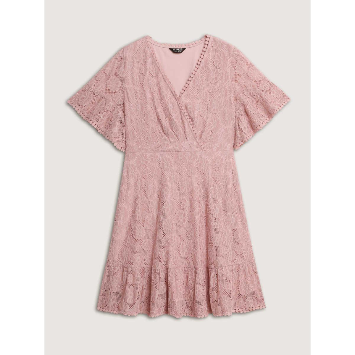 Plus Size Lace Surplice Neckline Ruffled Hem Mini Dress Lightpink Women Romantic Texture Overlap Collar Extra Long Sleeve Curvy BloomChic 22-24/3X Product Image