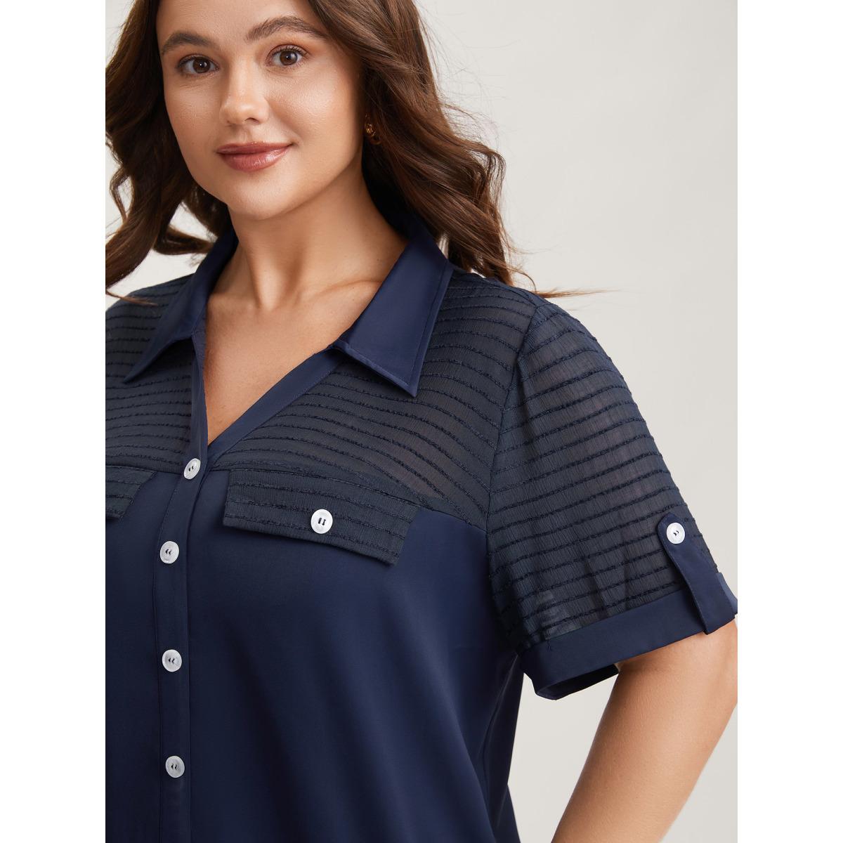 Plus Size Aegean Sheer Neck Collar Tab Sleeve Blouse Women Short sleeve Shirt collar Work Blouses BloomChic 30/6X Product Image