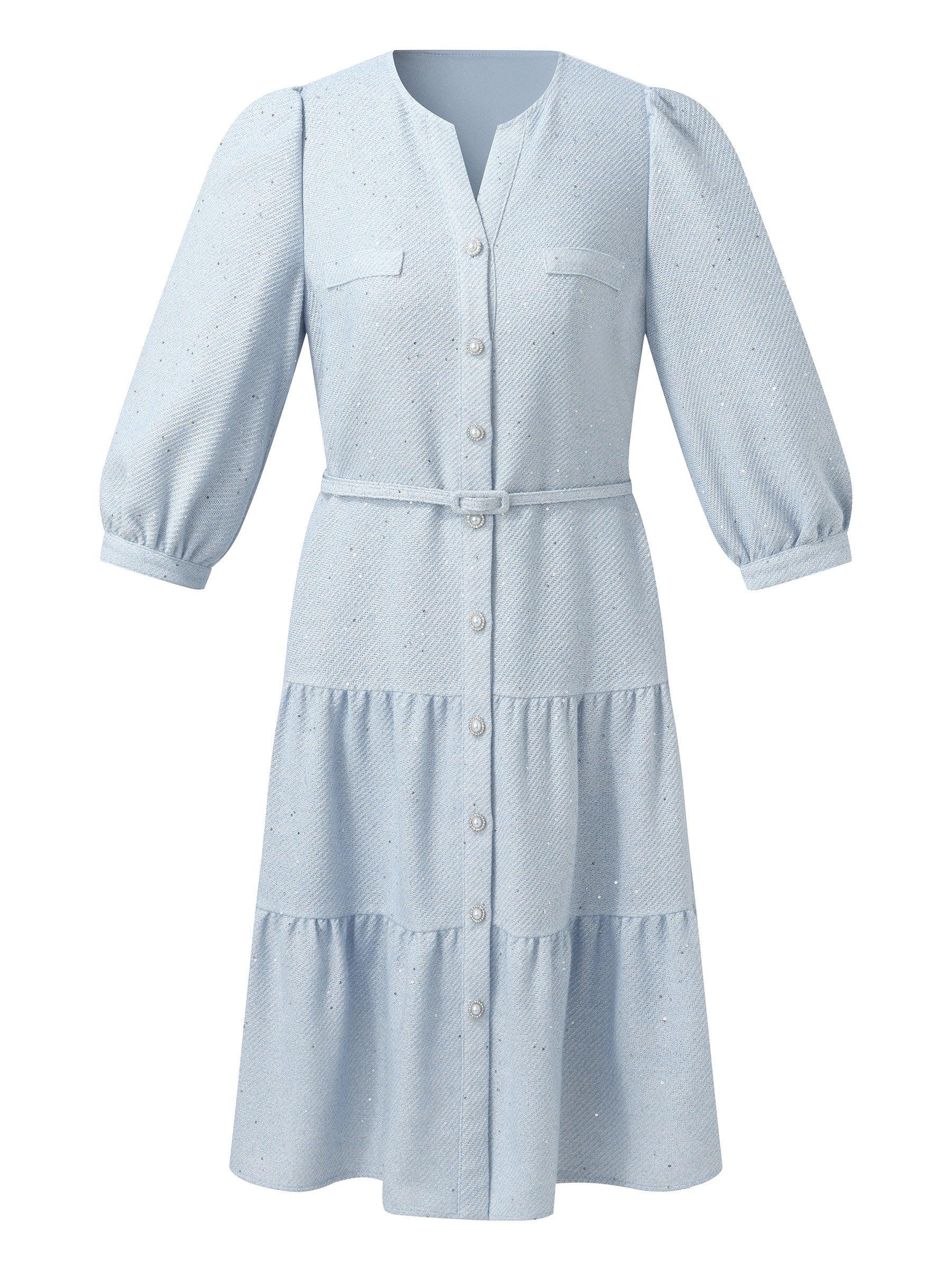 Acetate Blend Tweed Sequins Women Midi Dress With Belt Product Image