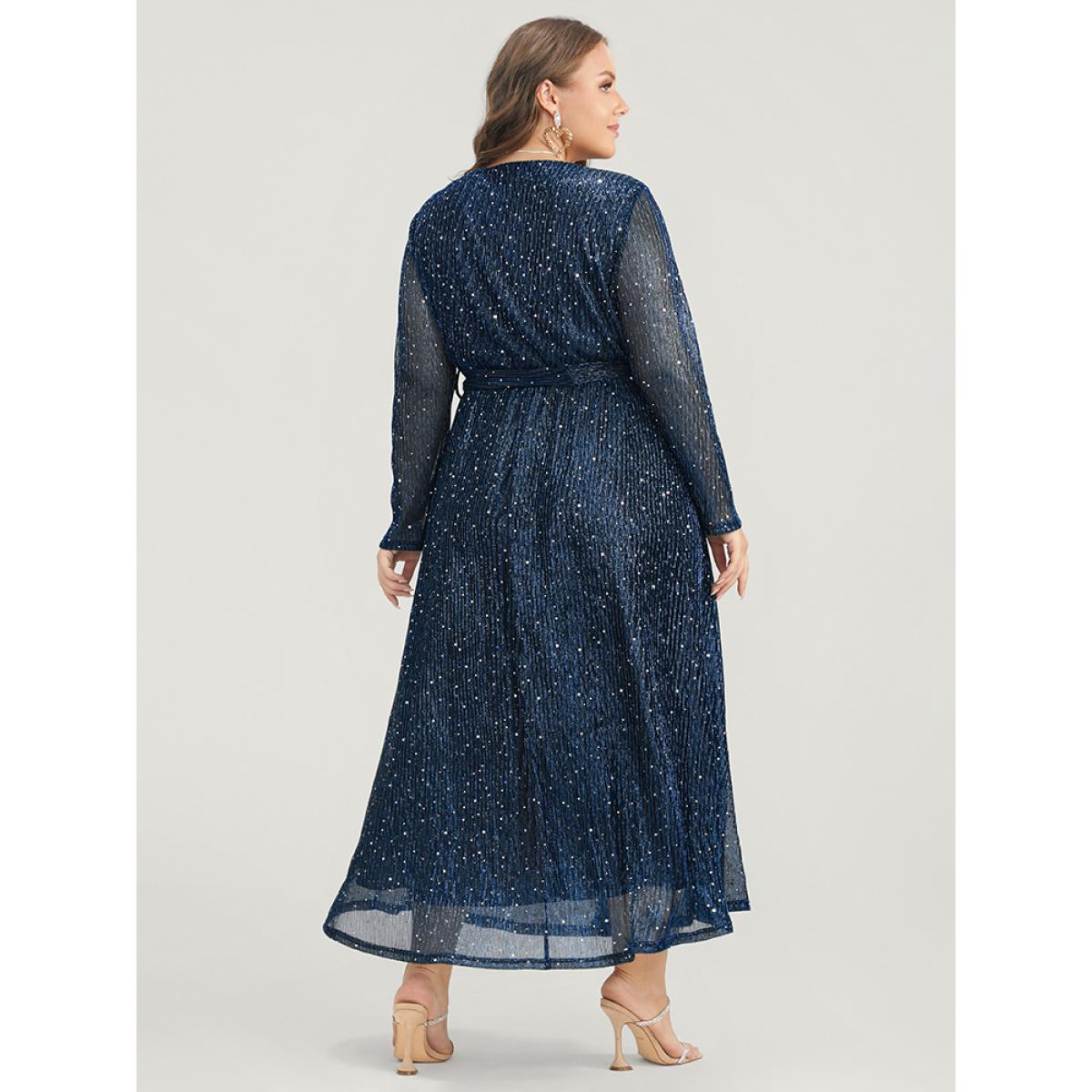 Plus Size Solid Pocket Wrap Belted Sequin Mesh Maxi Dress DarkBlue Women Cocktail Belted V-neck Long Sleeve Curvy Long Dress BloomChic 30/6X Product Image