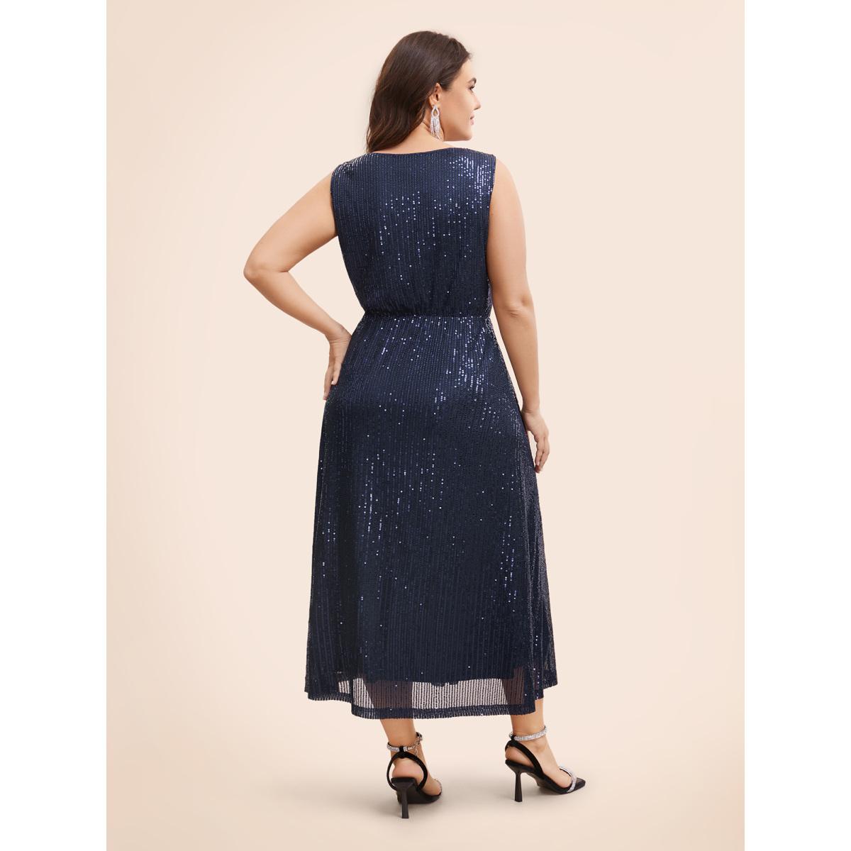 Plus Size Round Neck Sequin Mesh Tank Dress Midnight Women Cocktail Texture Round Neck Sleeveless Curvy BloomChic 18-20/2X Product Image