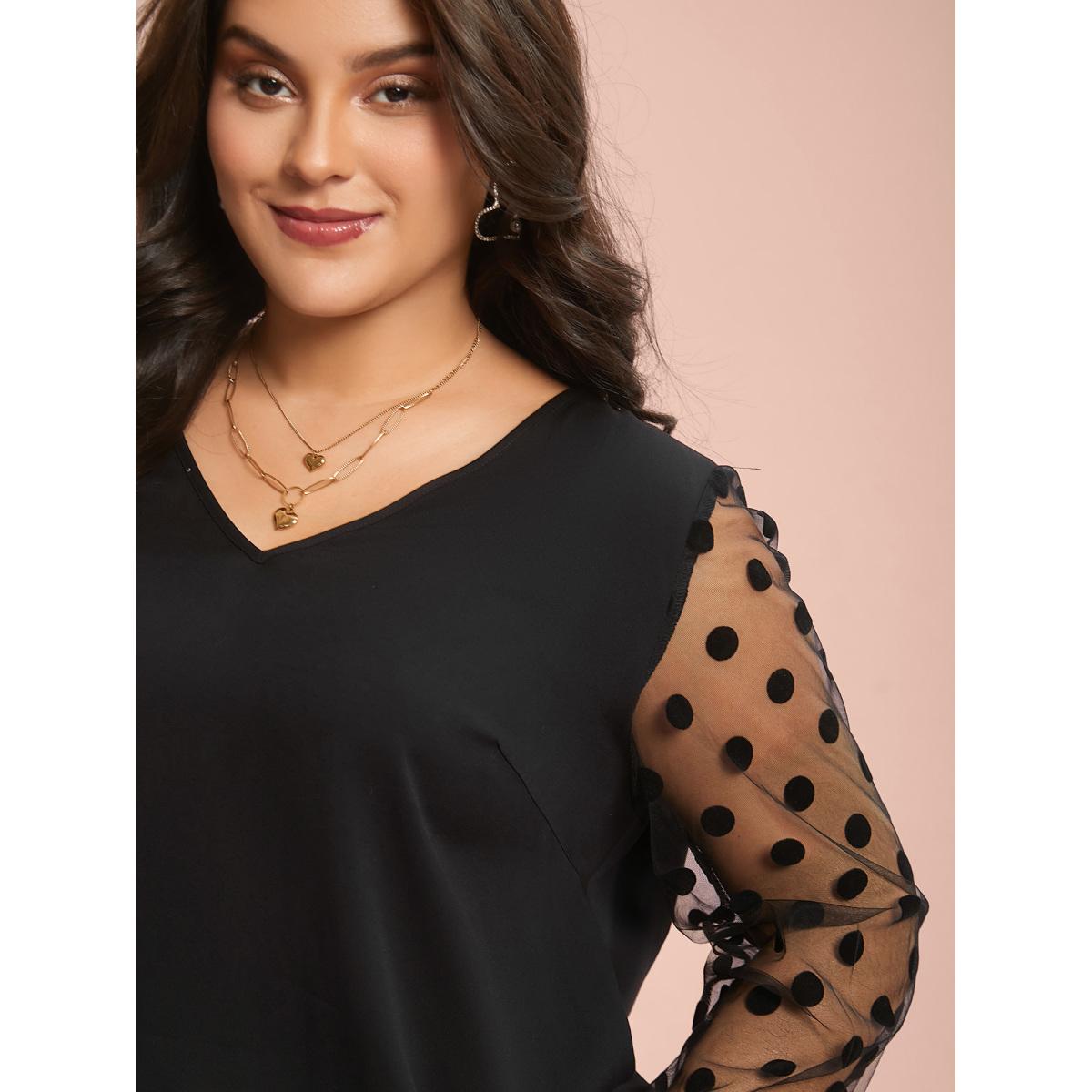 Plus Size Black Polka Dot Sheer Mesh Sleeve Spliced Blouse Women Elegant Long Sleeve Round Neck Everyday Blouses BloomChic 10/M Product Image