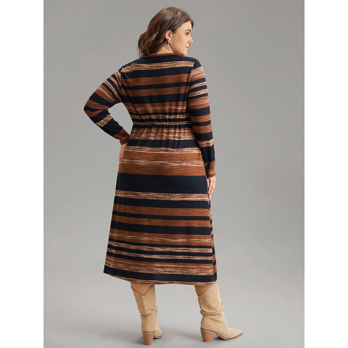 Plus Size Striped Contrast Elastic Waist Crew Neck Knit Dress DarkBrown Women Casual Printed Round Neck Long Sleeve Curvy Midi Dress BloomChic 22-24/3X Product Image