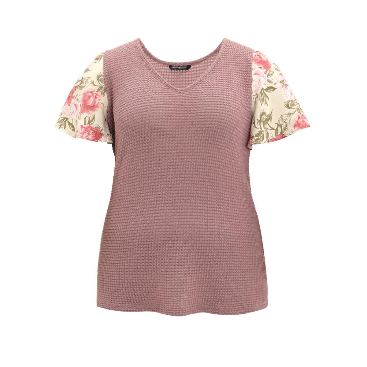 Plus Size Waffle Knit Pacthwork Flutter Sleeve T-shirt DustyPink Women Elegant Patchwork Floral V-neck Dailywear T-shirts BloomChic 10/M Product Image