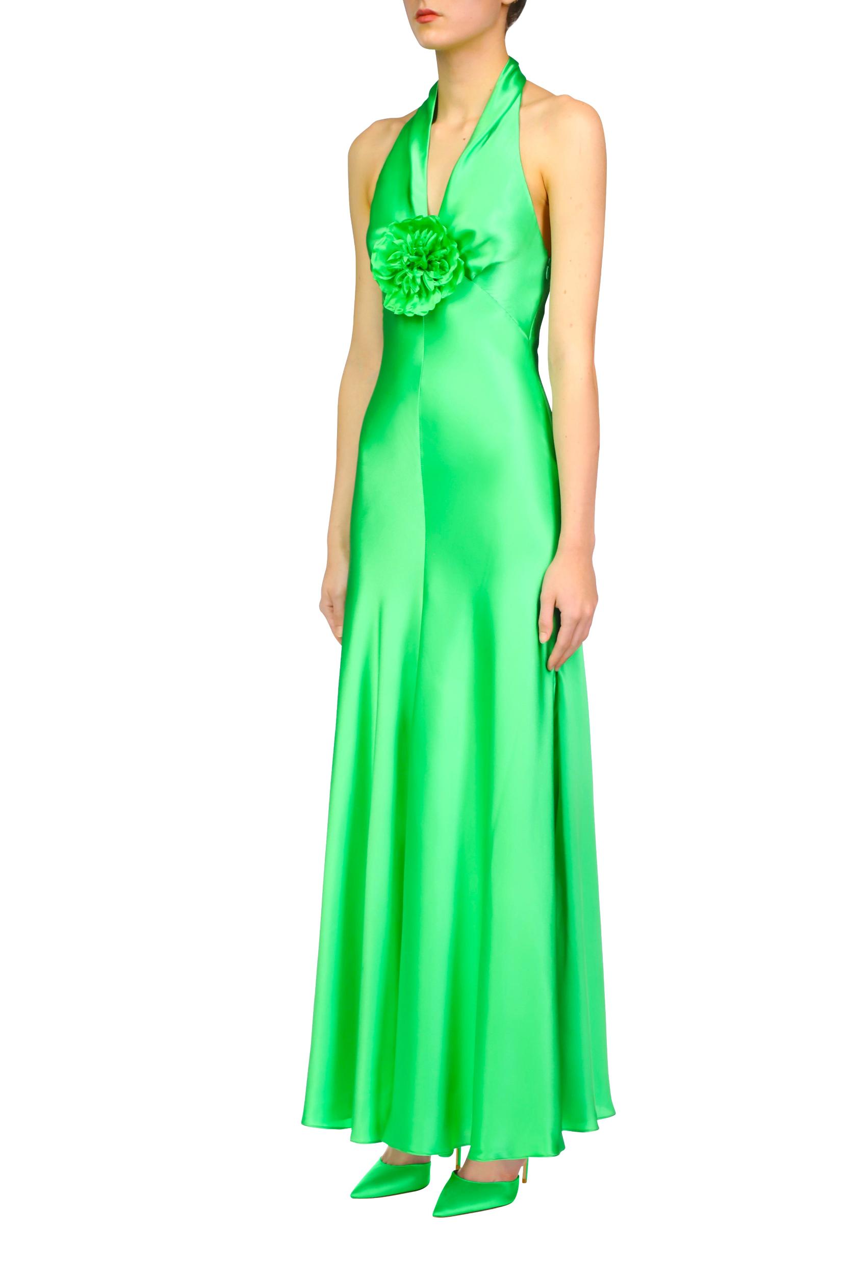 Green Silk Satin Halter Dress With Silk Flower Pin Product Image