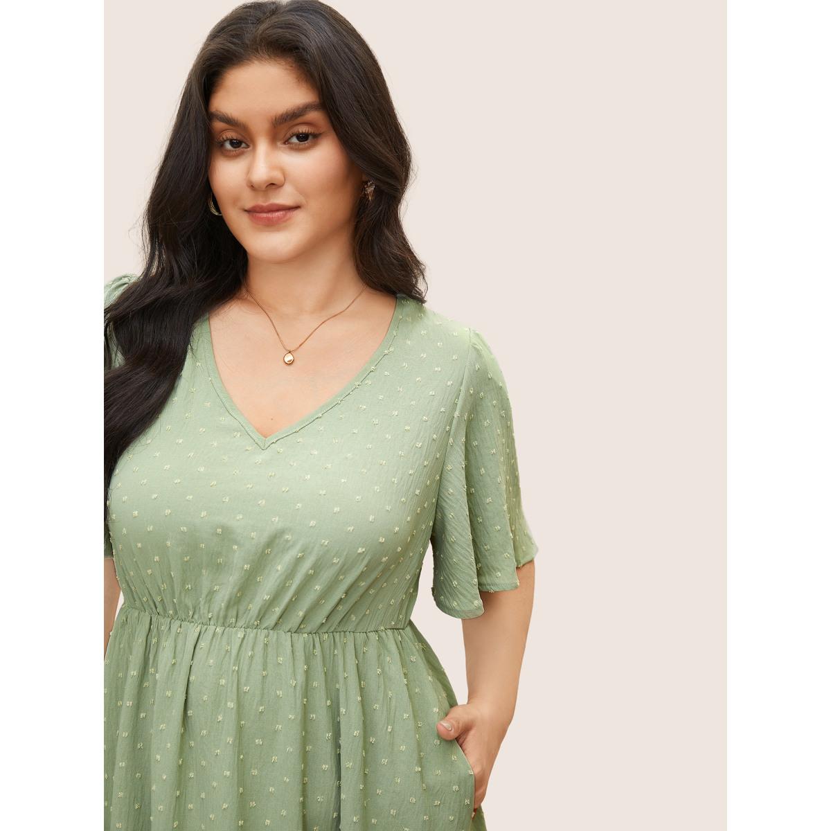 Polka Dot Shirred Plus Size Women Elegance Dress Plain Pocket Ruffle Sleeve Short Sleeve V Neck Pocket Dailywear Midi Dress BloomChic Product Image