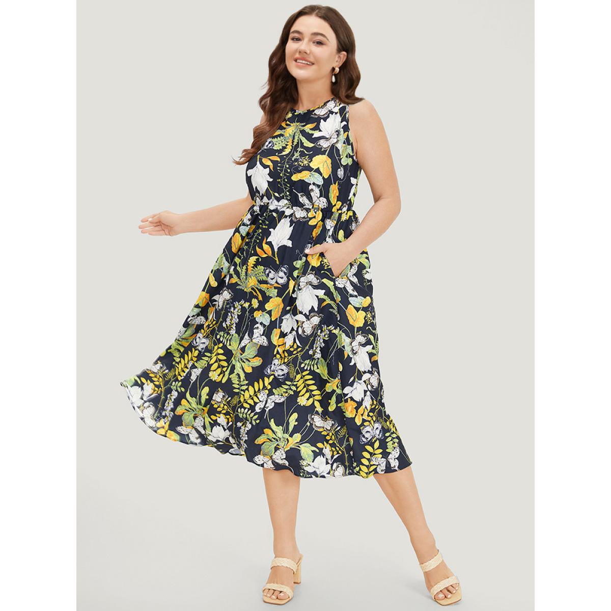 Plus Size Floral Print Pocket Sleeveless Ruffle Hem Dress DarkBlue Women Vacation Gathered Round Neck Sleeveless Curvy Midi Dress BloomChic 22-24/3X Product Image