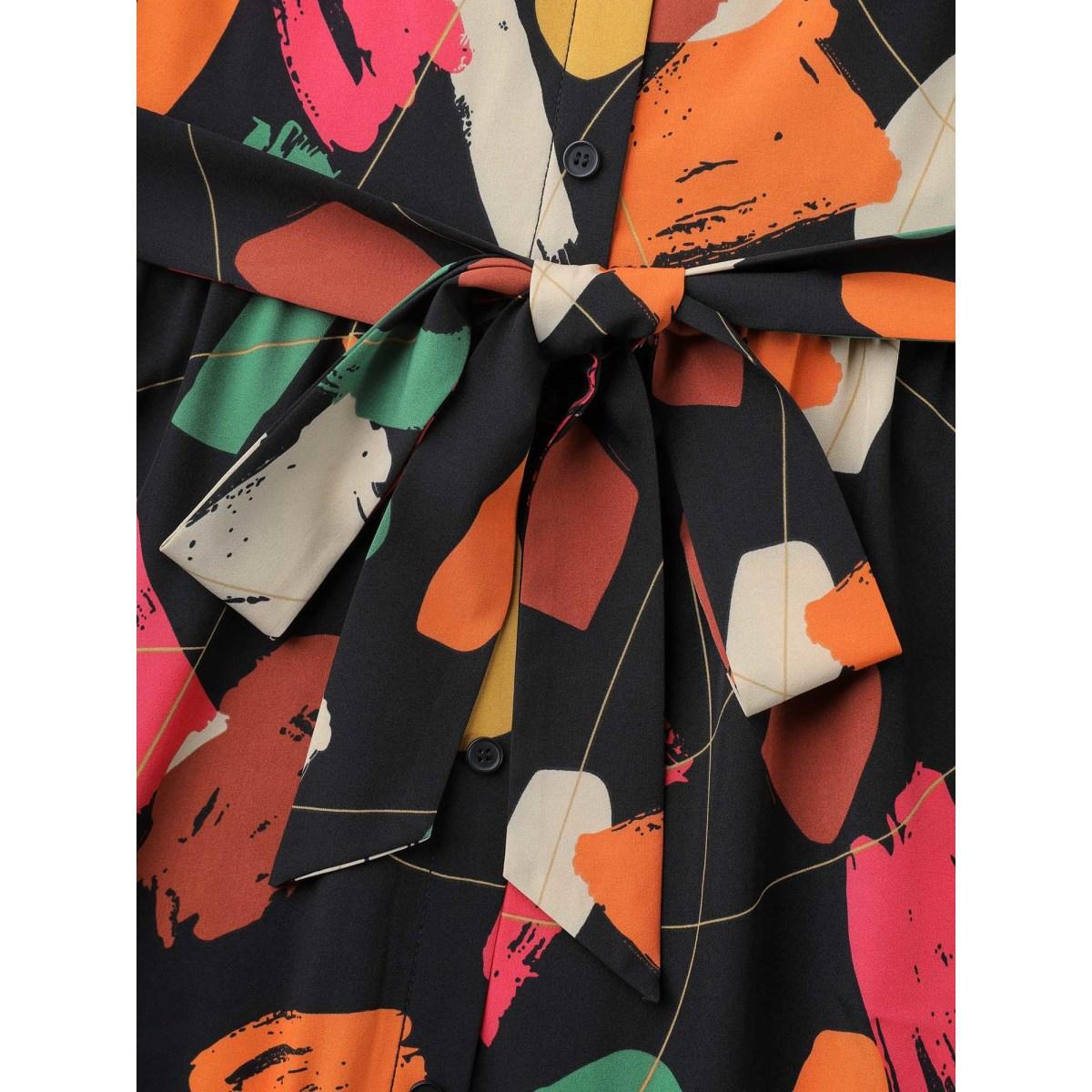 Plus Size Color Brush Print Stretchy Waist Midi Dress BlackFlower Women Elegant Belted Shirt collar Short sleeve Curvy BloomChic 18-20/2X Product Image