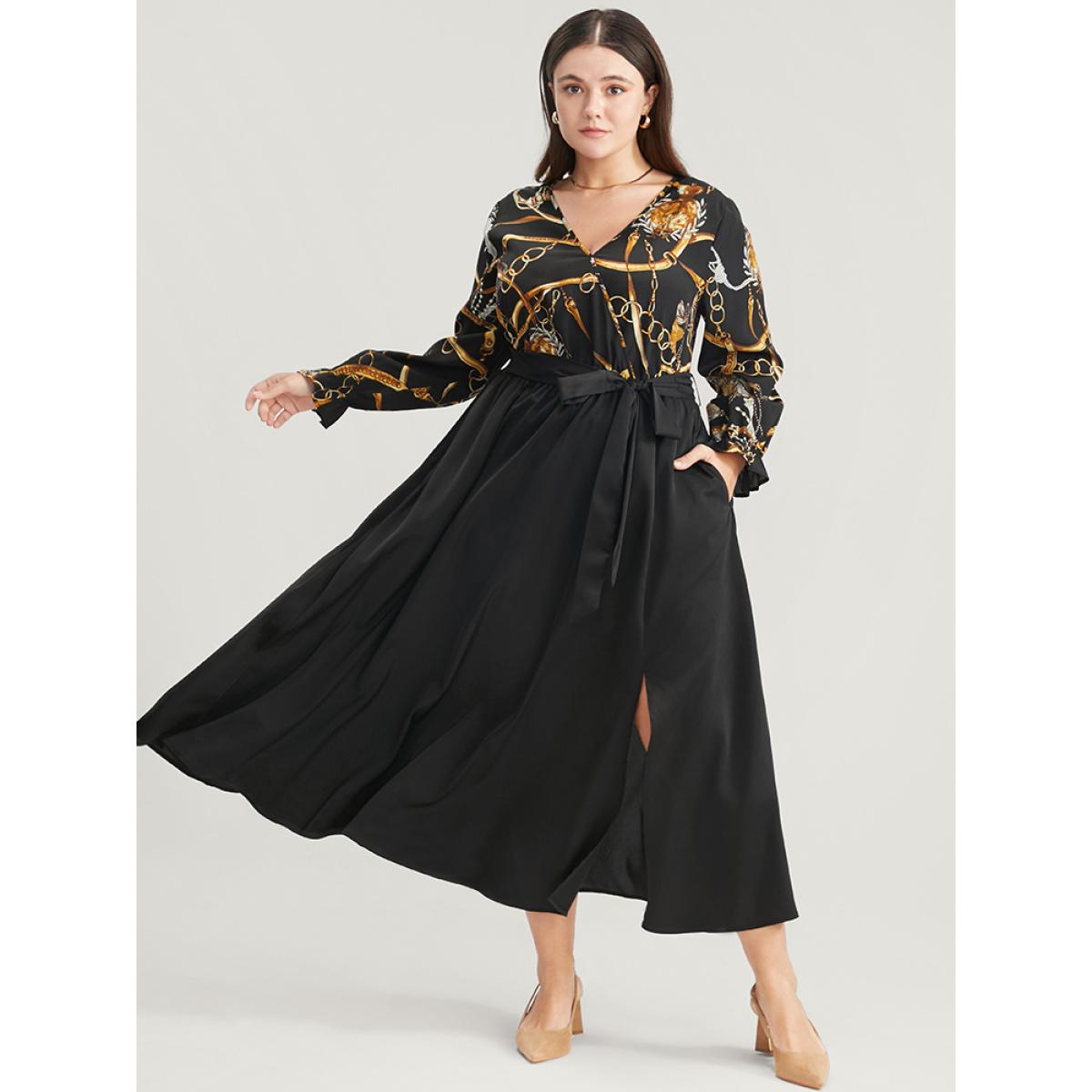 Plus Size Chain Print V Neck Pocket Lantern Sleeve Belted Split Dress Black Women Elegant Pocket V-neck Long Sleeve Curvy Midi Dress BloomChic 28/5X Product Image