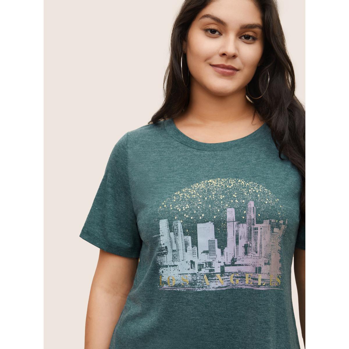 Plus Size Solid Heather City Print Crew Neck T-shirt Cyan Women Casual Non Area Everyday T-shirts BloomChic 12/L Product Image