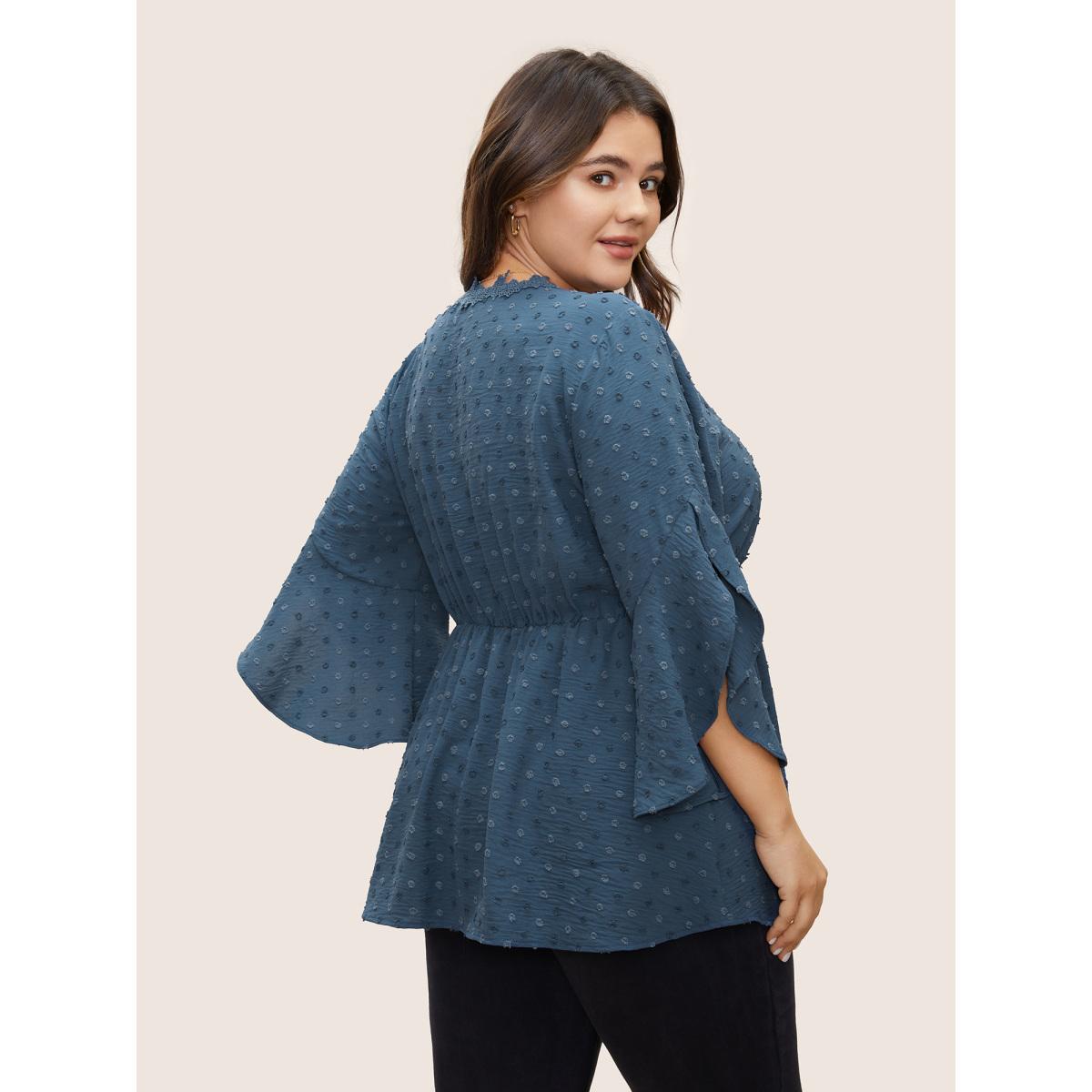 Plus Size Stone Polka Dot Textured Petal Sleeve Lace Trim Blouse Women Elegant Half Sleeve V-neck Work Blouses BloomChic 30/6X Product Image