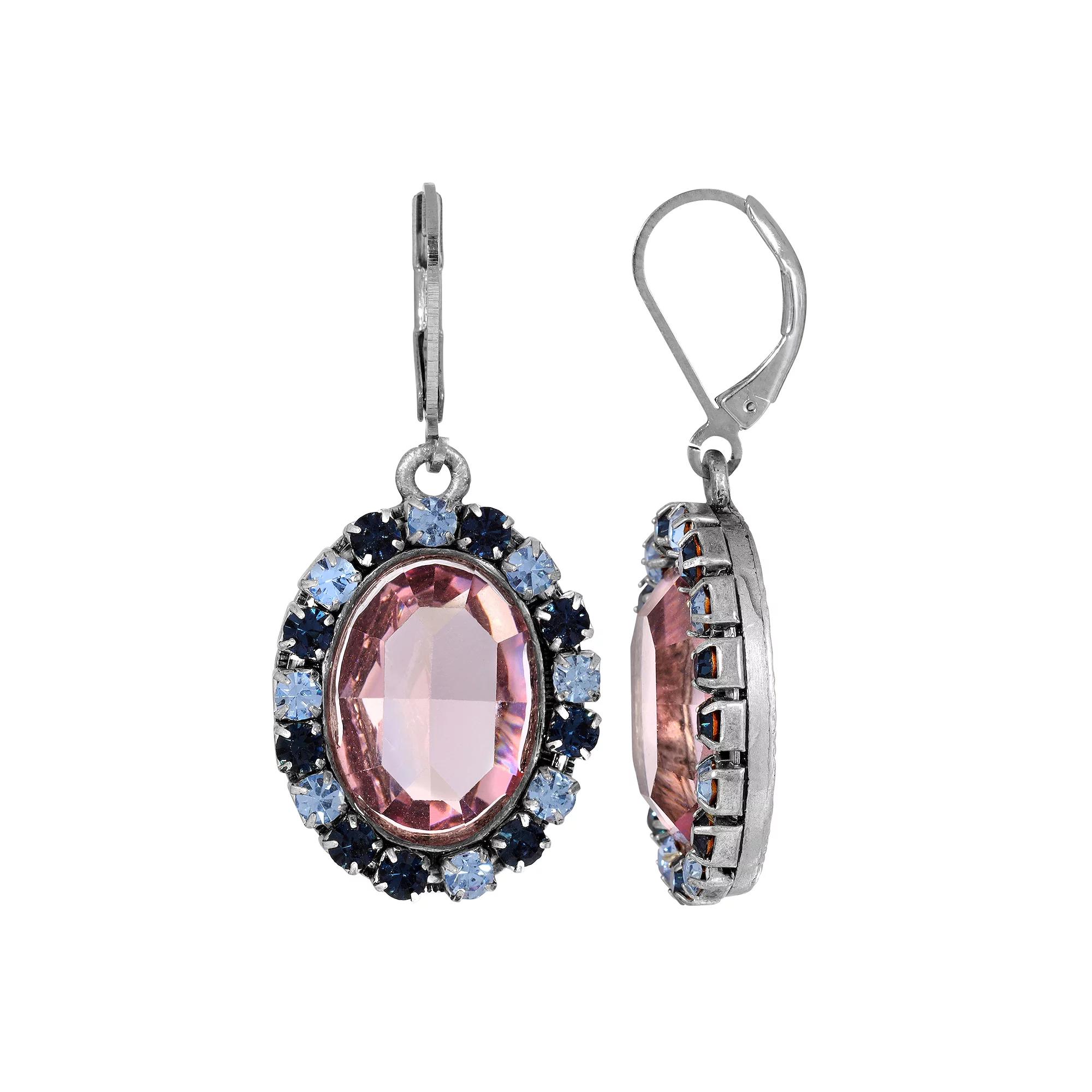 1928 Silver Tone Purple & Blue Halo Crystal Oval Drop Earrings, Womens Product Image