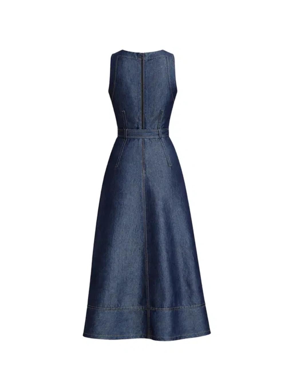 CINQ À SEPT Zelda Belted Asymmetric Sleeveless Denim Midi Dress In Indigo Product Image