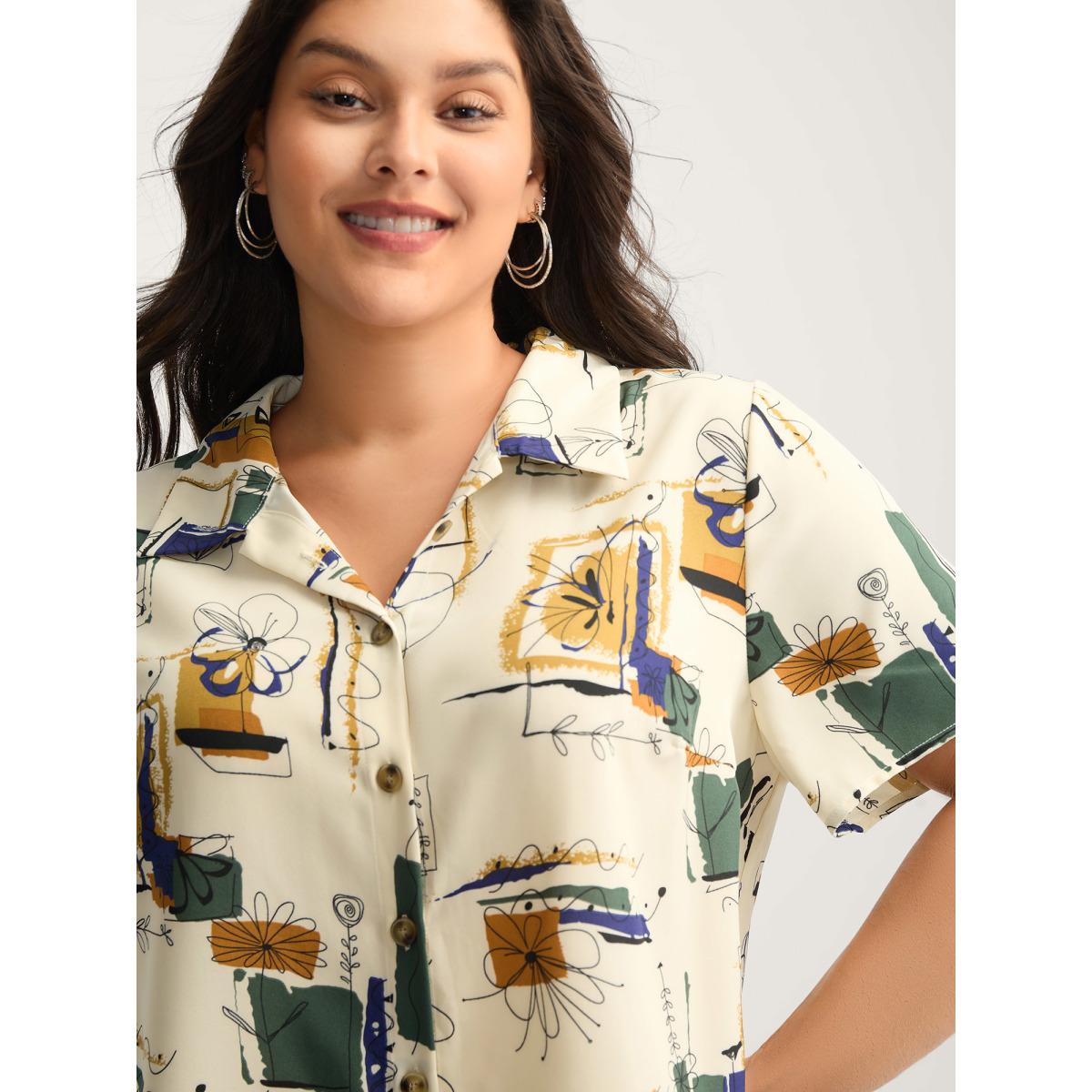 Plus Size Ivory Floral Notes Collared Blouse Women Short sleeve Shirt collar Everyday-Casual Blouses BloomChic 26/4X Product Image