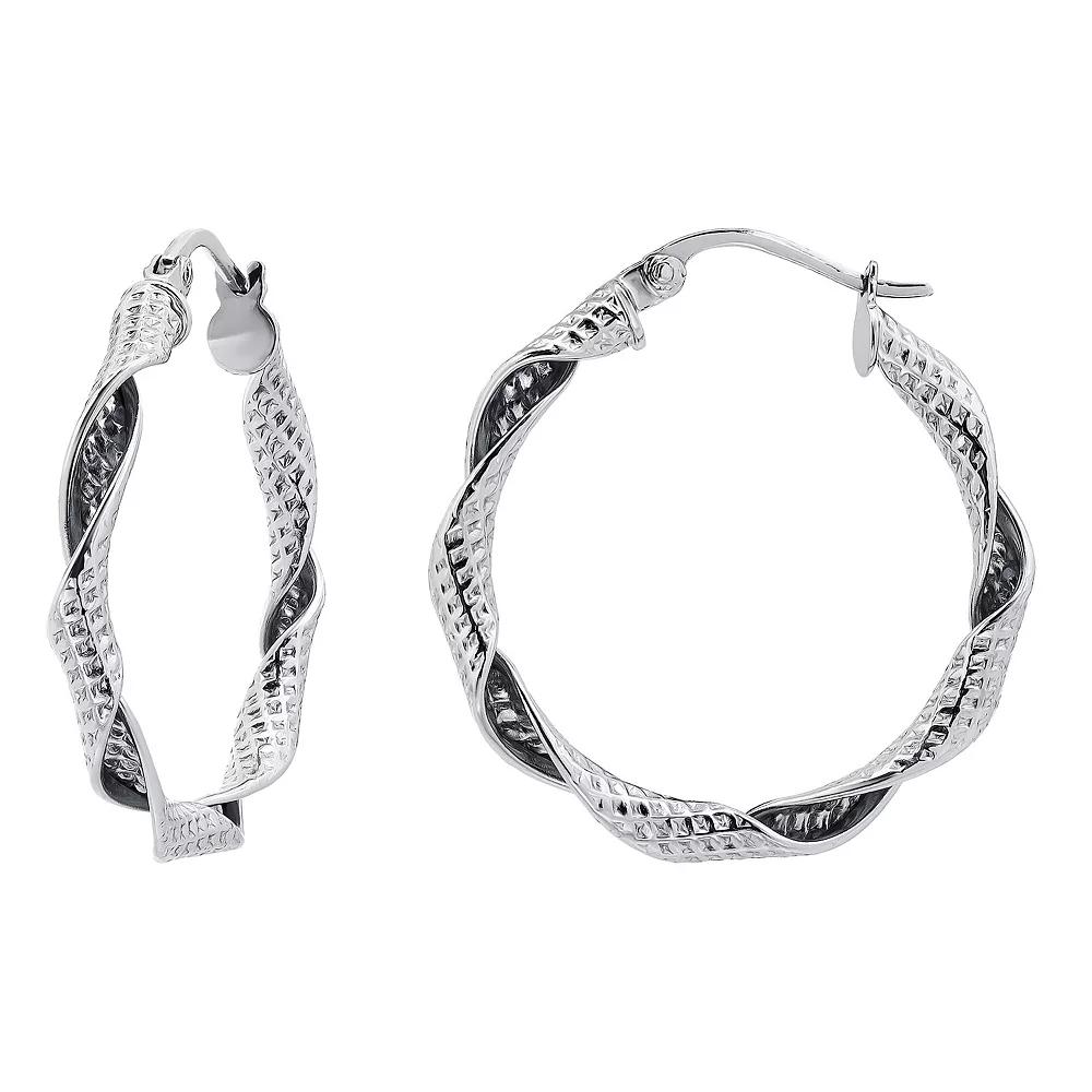 Aleure Precioso Sterling Silver 25 mm Textured & Polished Ribbon Twist Hoop Earrings, Women's Product Image