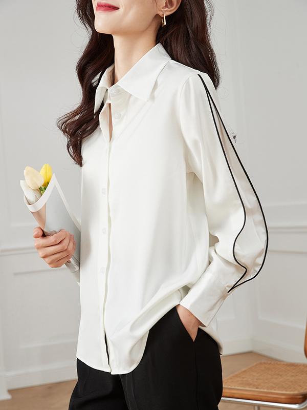 Long Sleeves Loose Buttoned Contrast Color Lapel Blouses&Shirts Tops Product Image