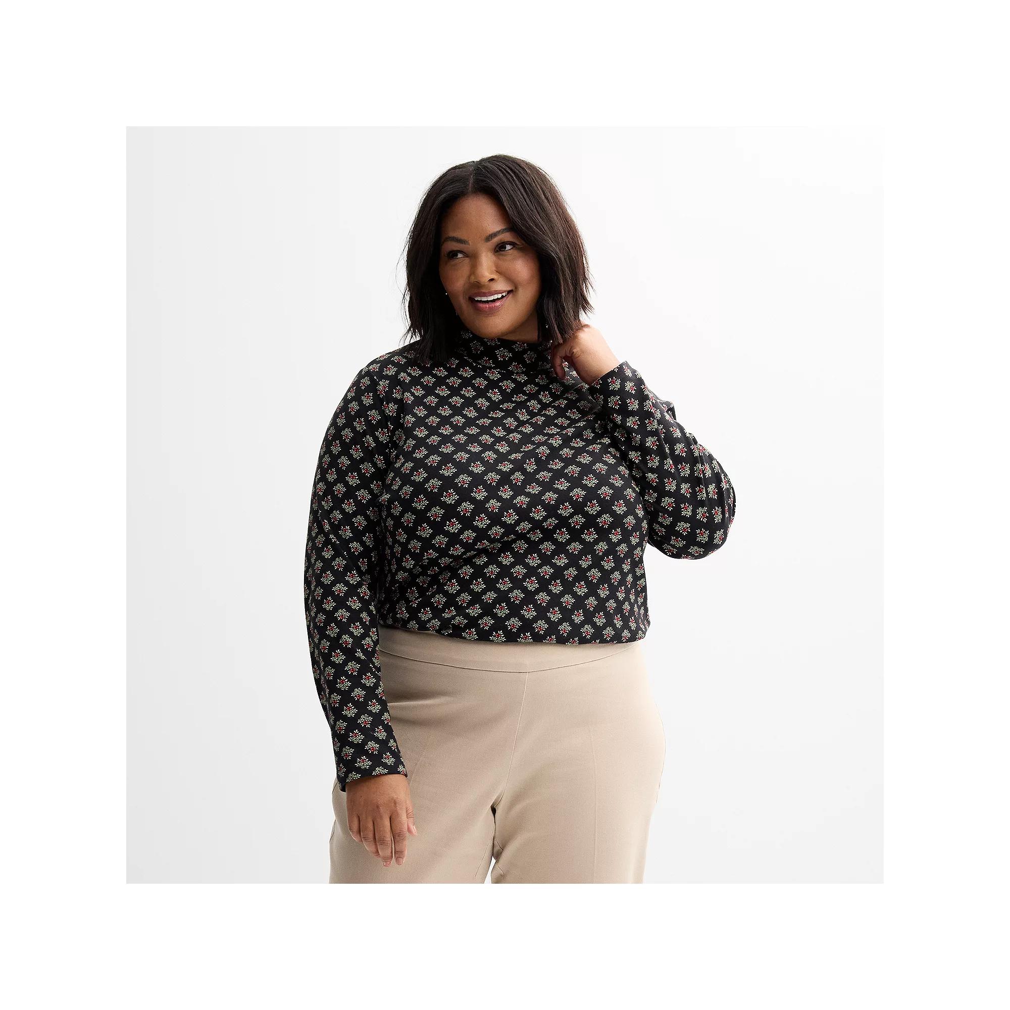 Plus Size Croft & Barrow® Essential Long-Sleeve Mockneck Top, Women's, Size: 4XL, Black Bloom Tile Product Image