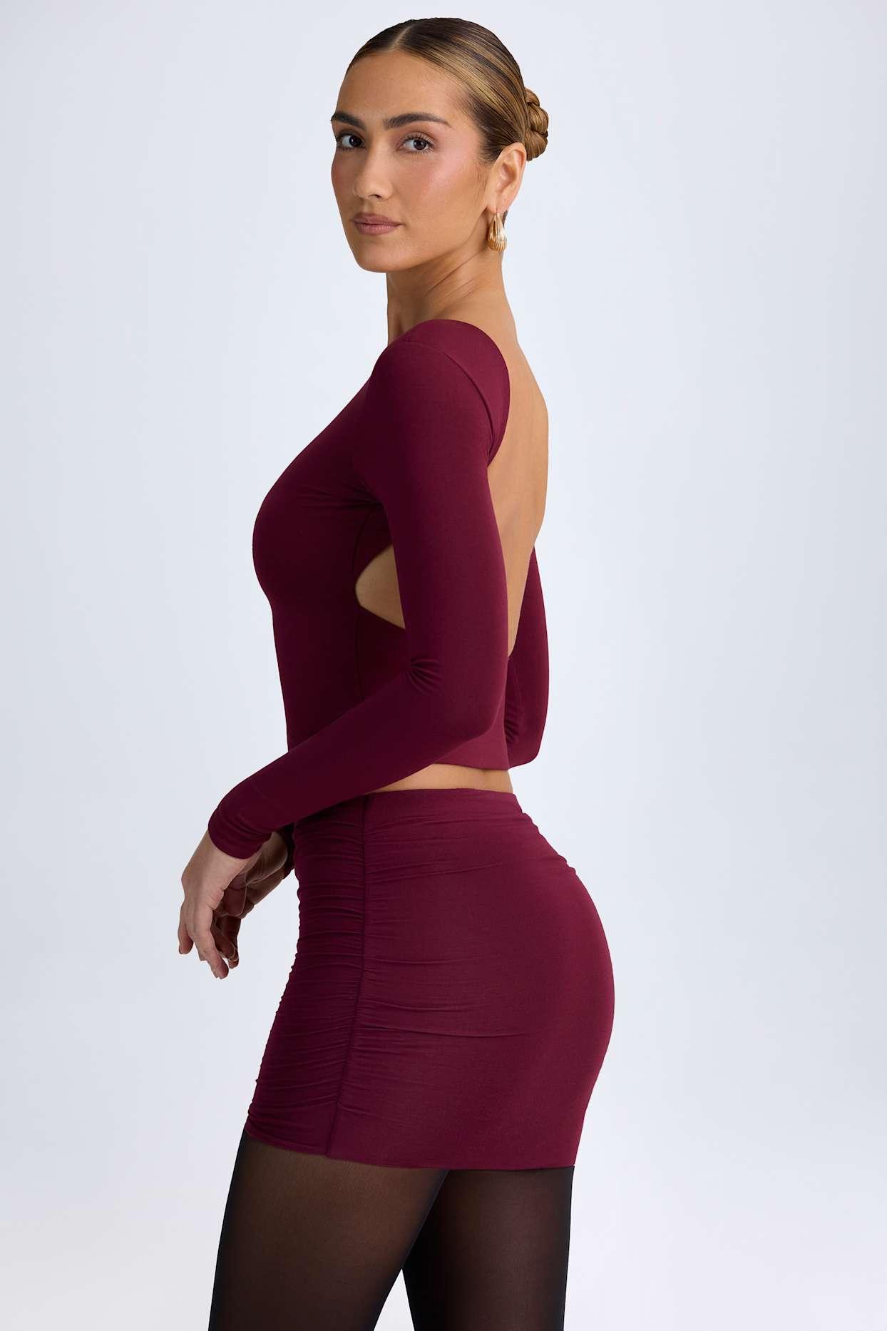 Modal High Neck Long Sleeve Open Back Top in Wine Red Product Image